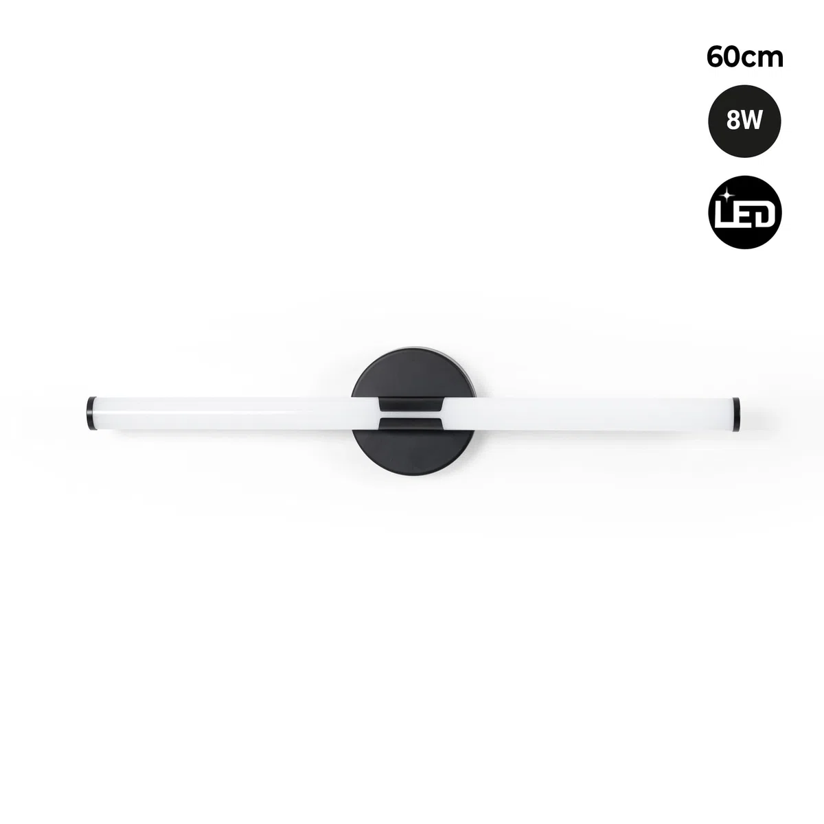 BARCELONA LED. Applique LED tubolare nera per bagno da 60 cm – 8 W, 720 lm, IP44 – Luce bianca neutra 4000 K – Illuminazione moderna ed efficiente. Applique sopra lo specchio del bagno
