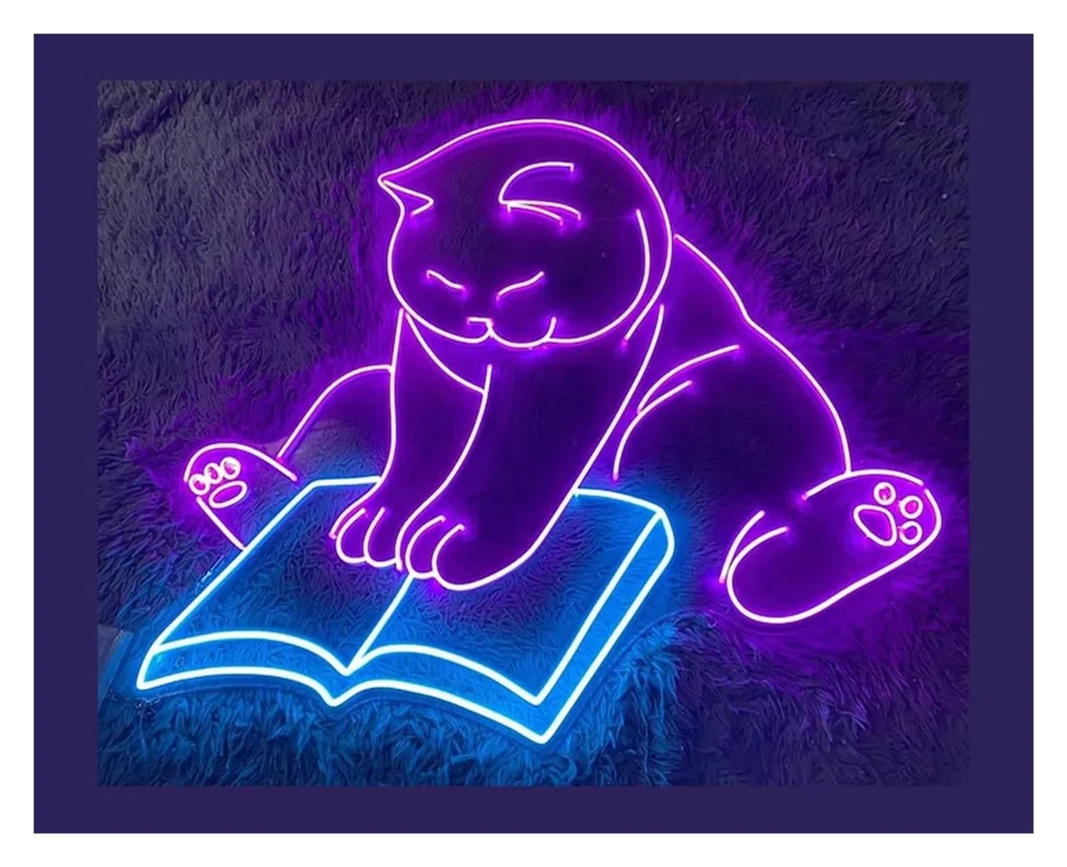 Scritta luminosa Insegna Al Neon Con Gatto Che Legge Un Libro, Luci Al Neon A Per Amanti Degli Animali, Per Decorazioni Da Parete E Camera Da Letto, 60cm(D)