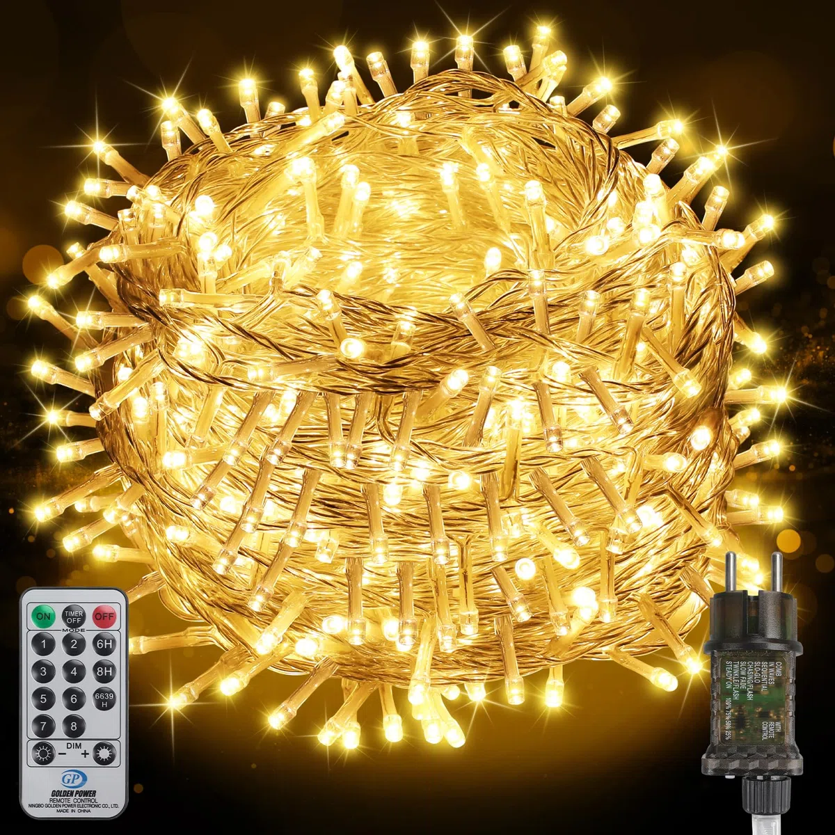 FairyGlim Catena di luci natalizie con telecomando, 50 m, 500 LED, impermeabile, per esterni, 8 modalità, ideale per giardini, feste, terrazze e balconi, decorazione festiva (bianco caldo)