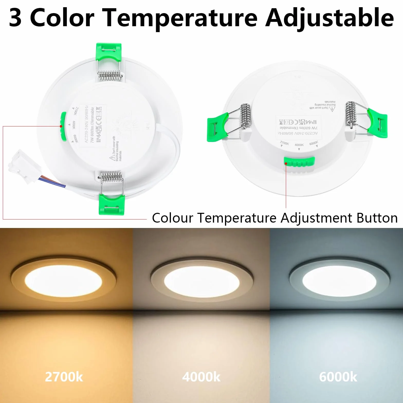 74 – 90 mm, faretto da incasso a LED, 6 pezzi, 7 W, dimmerabile, 75 mm, 220 V-240 V, IP44, per bagno e cucina, 2700 K/4000 K/6500 K, bianco