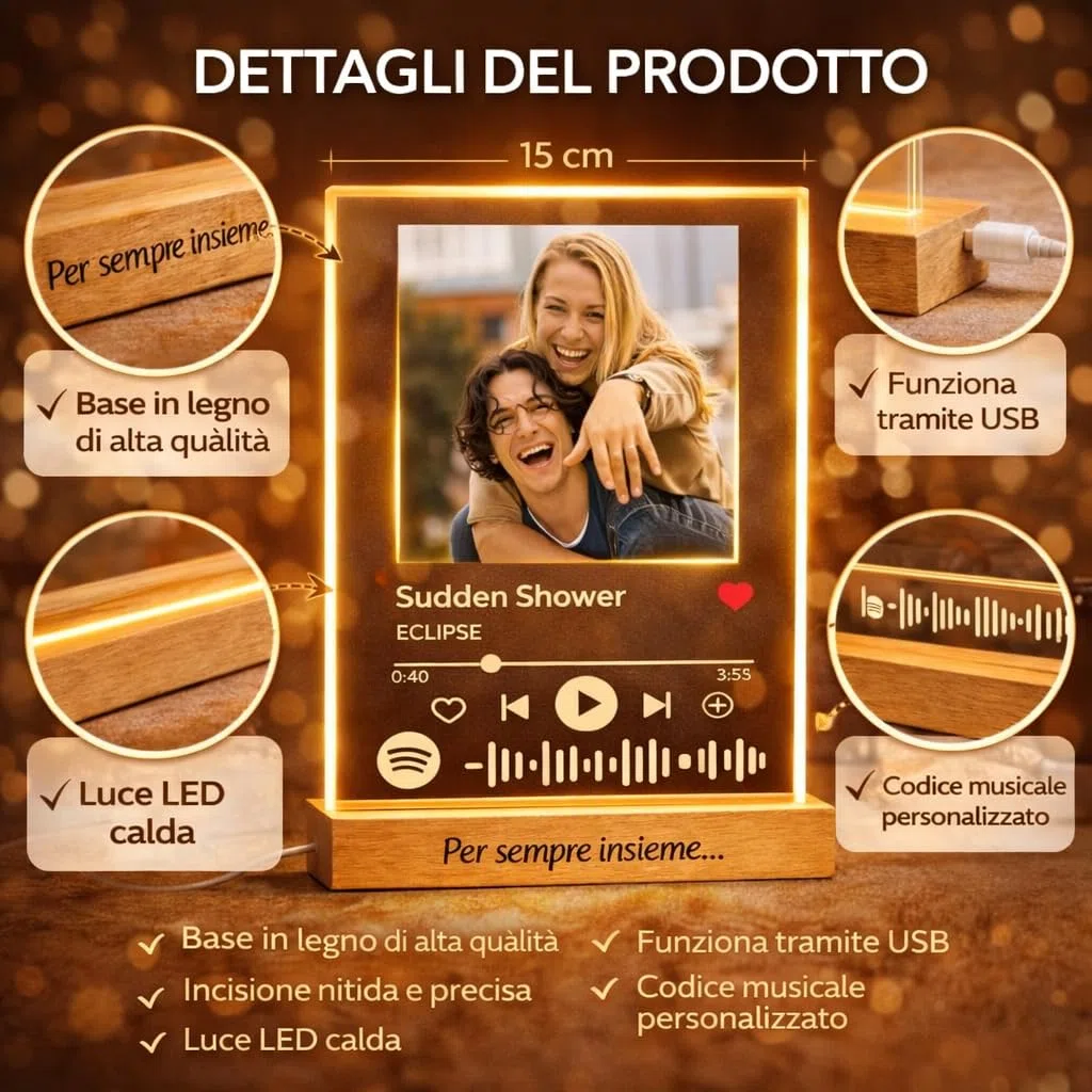 Lampada Spotify Personalizzata con Foto e Canzone, Targa Spotify Personalizzata in Plexiglass con Base LED, Regalo Personalizzato per Coppia, Fidanzato, Fidanzata, Anniversario glass personalizzato