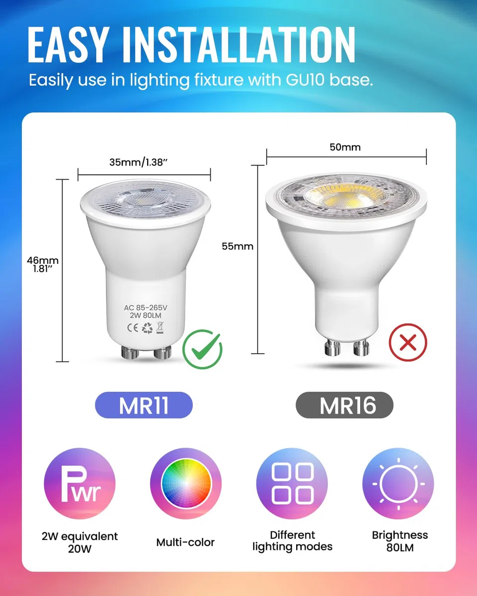 GU10 Lampadina LED Colorate Cambia, MR11 RGB Lampadina Dimmerabili 2W, Equivalente 20W, Luci Spot LED con Telecomando, RGB+Bianco Freddo 6000K, per Lampada a Binario, Plafoniera da Incasso