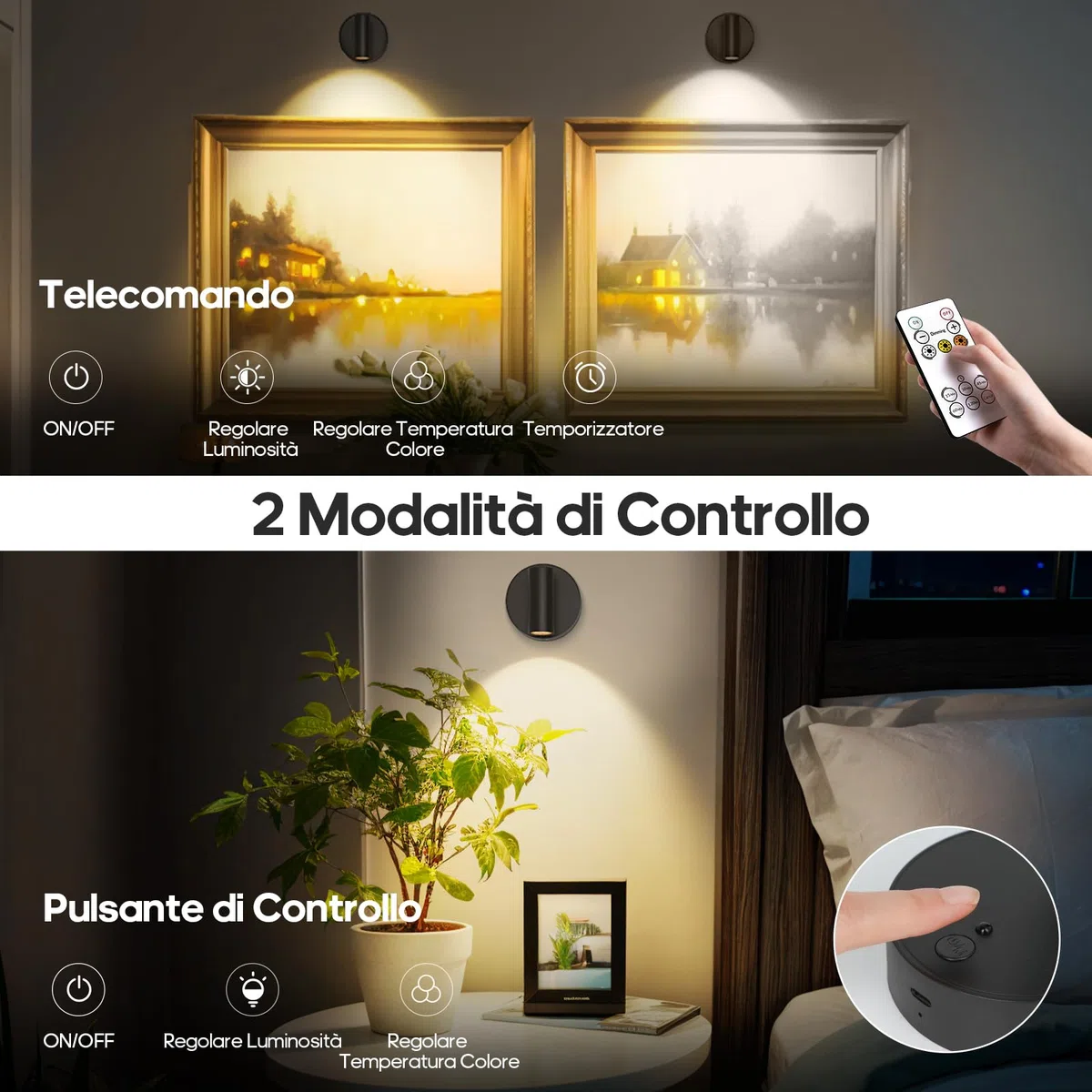 GOODEA Faretto a Batteria Interna 3000mAh,Lampada da Parete Senza Fili Ricaricabile,3 Colori Regolabili, Telecomando con Timer, Nero | Illuminazione per Quadri e Piante