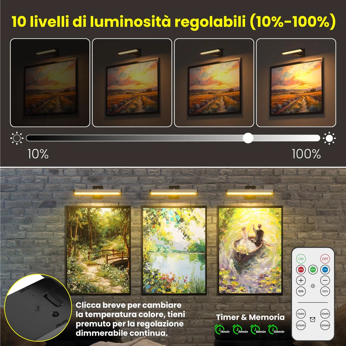 Luce per Quadri Senza Fili, Lampada da Parete Ricaricabile con Telecomando, 3 Temperature di Colore, 10 Livelli di Luminosità Regolabile, Timer, per Dipinti, Specchio e Freccette