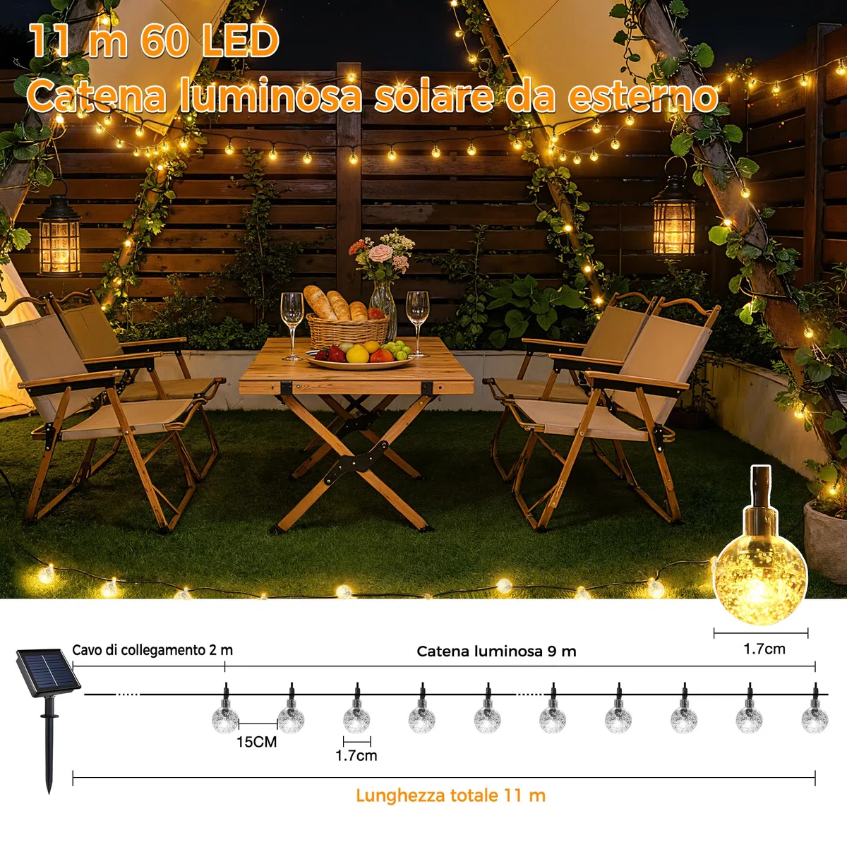 HeiPard Catena Luminosa Esterno Solare 11m 60 LEDs, Luci Solari da Giardino con 8 Modalità e Memoria, IP65 Impermeabile, Lucine da Energia Solare Decorative per Terrazzo Balcone Gazebo Festa