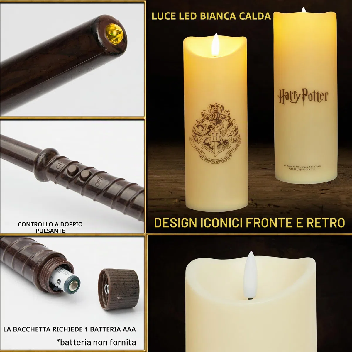 Harry Potter Candele LED con Bacchetta Telecomando, 5m Allineare e Hogwarts Disegno Dello Stemma, Bianco Candela a Batteria Lungo Senza Fiamma
