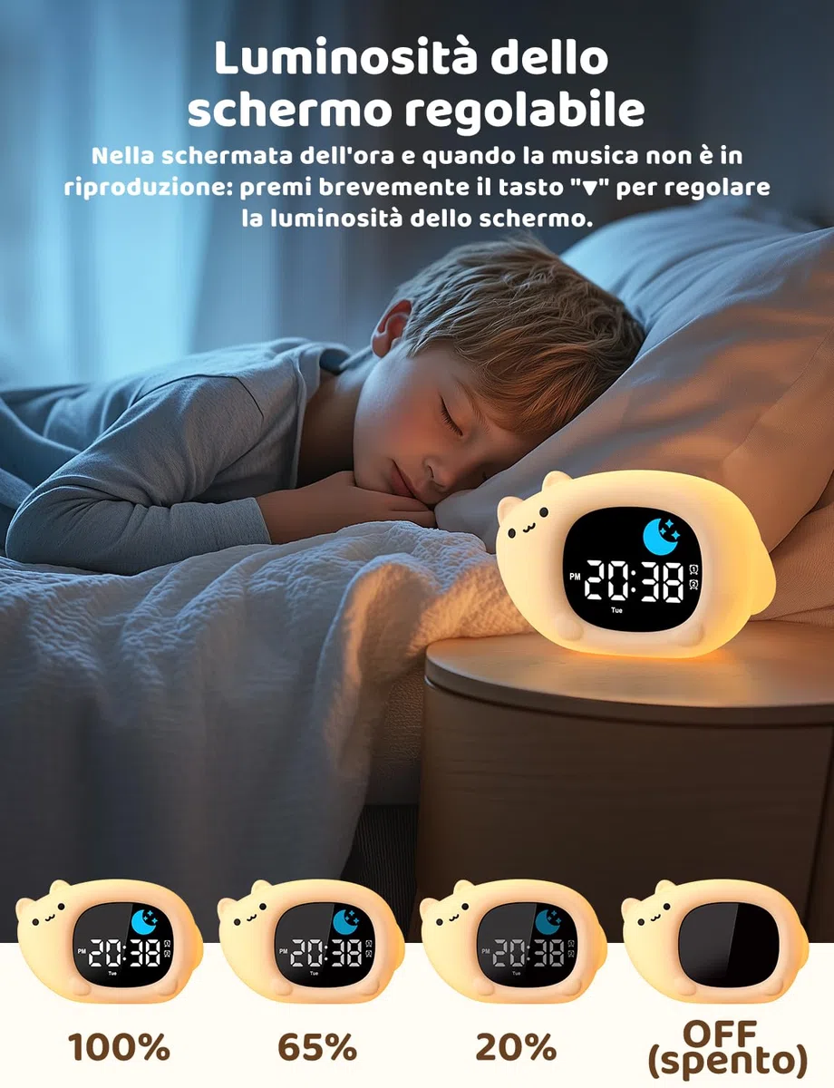 YISSVIC Sveglia Bambino Educativo Giorno Notte 2 Allarmi 12/24 Ora Snooze 10 Canzoni Luminosità dello Schermo Regolabile Sveglia Luminosa 7 Colori Spegnimento Automatico, Forma di Gatto