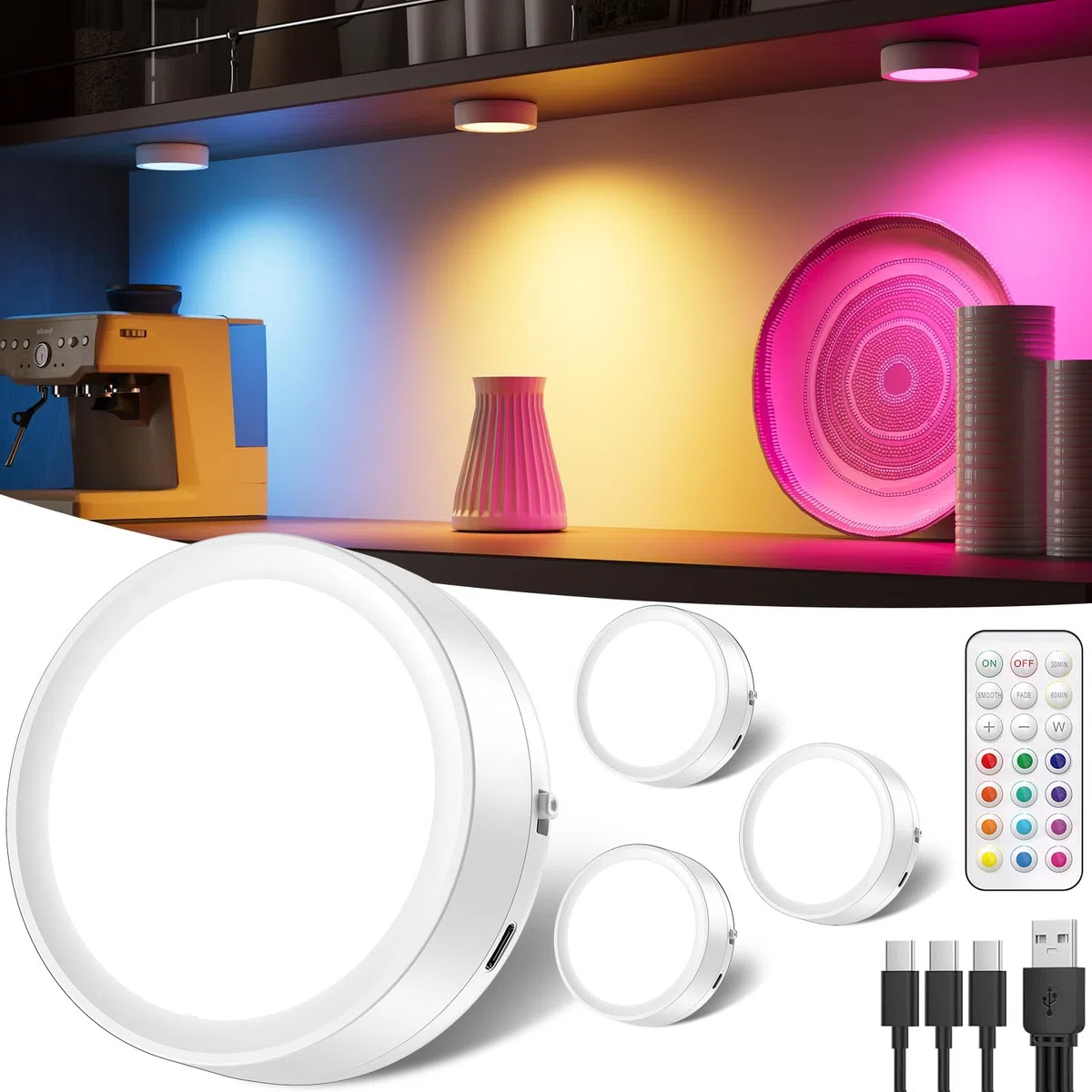 Faretto RGB a Batteria Ricaricabile con Telecomando, 2400mAh Luci Armadio Colorate Luce Vetrina Senza Fili Lampada Notturna USB Illuminazione per Sottopensile Cucina, Scale, Guardaroba, Sotto Mensola