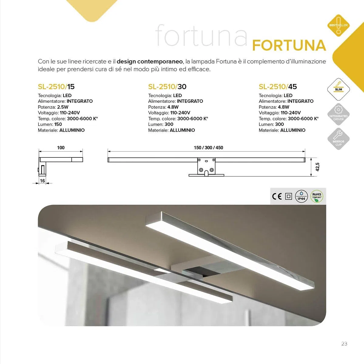 Solupa lampada da specchio LED per bagno FORTUNA – 30CM, 4,8W, 300LM, 220V, 6000K, ABS, IP44 Classe II, non dimmerabile, Installazione specchio e telaio, luce fredda, 300 mm