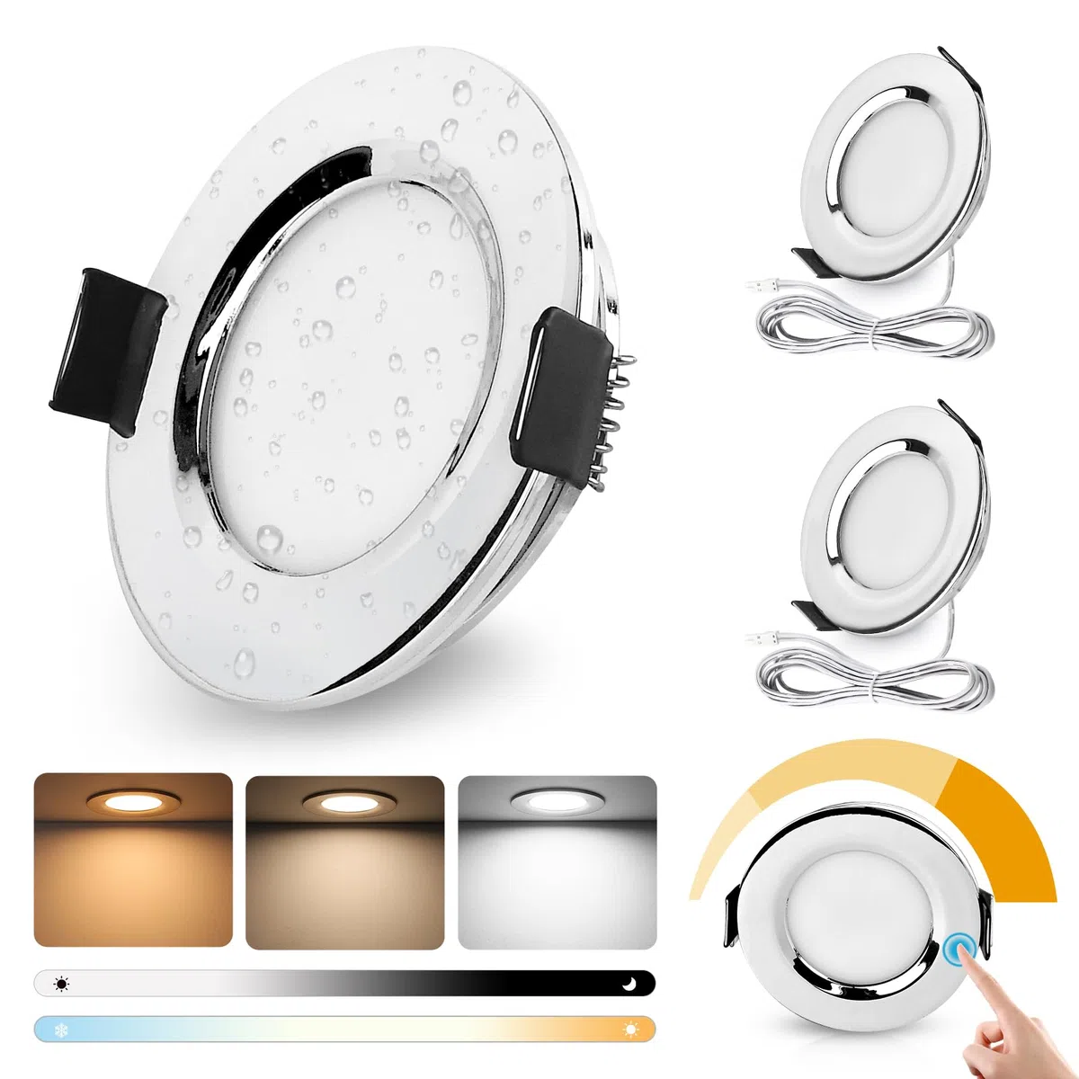GeyouLux 3 x Faretti LED Soffitto 12V, Touch-Control 3000K Caldo 4000K Neutro 6000K Freddo Faretti Led da Incasso per Cartongesso, Dimmerabile, 3W IP44 Faretti da Incasso, Foro 58-62mm, Cromato