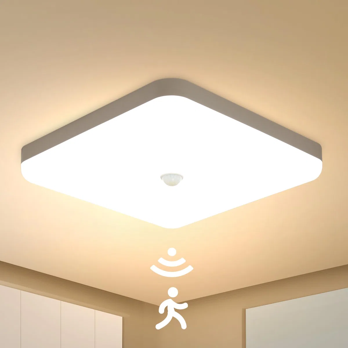 Combuh 25 cm Plafoniera Led con Sensore di Movimento Interno, 30W Lampada Soffitto Quadrata, Bianco Caldo 3000K Plafoniere Rilevatore, IP56 Impermeabile, per Corridoio Garage