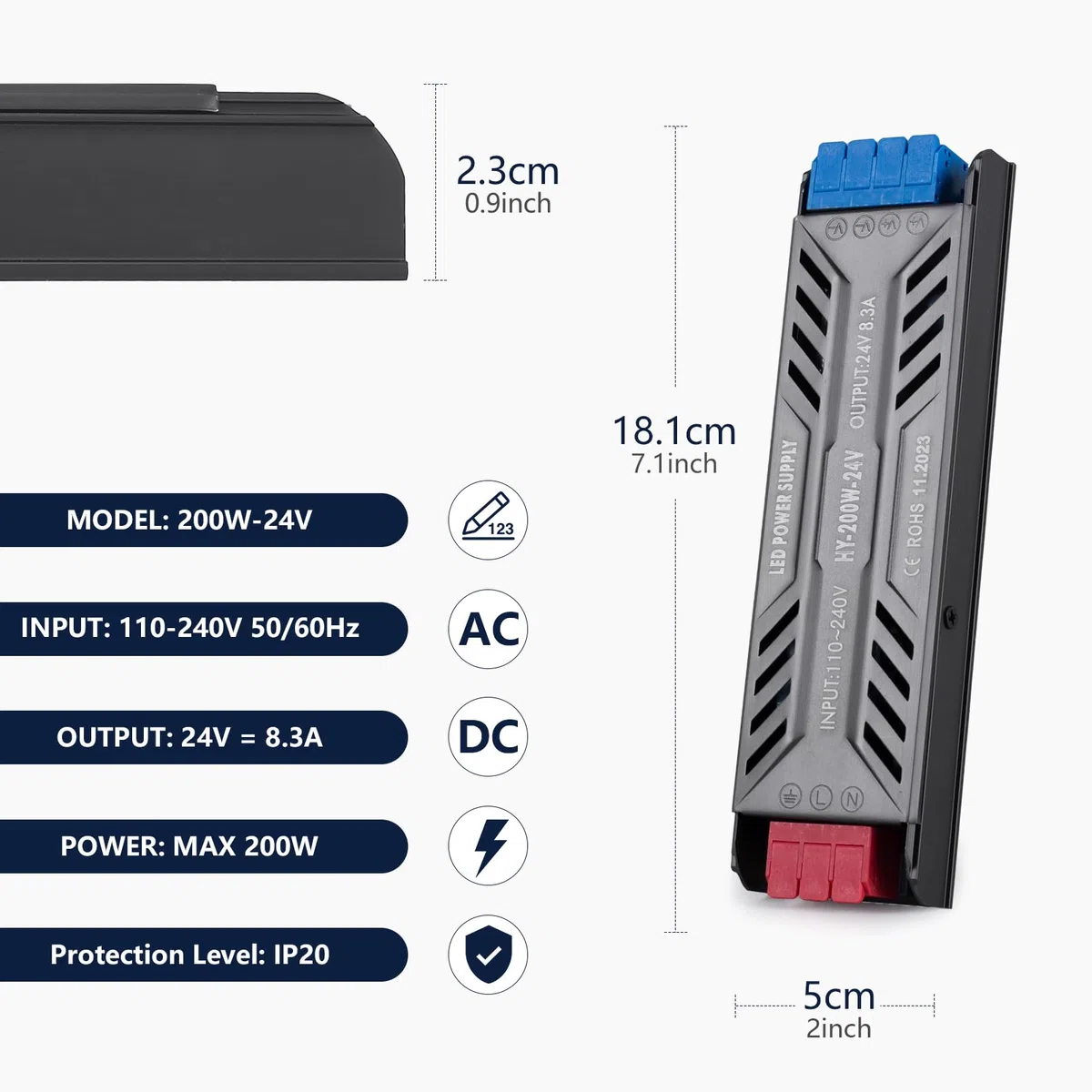 Trasformatore LED 24V 200W Ultra Sottile Alimentatore LED Driver AC 220V a DC 24Volt 200W 8,3A Trasformatori Adattatore LEDs a Tensione Costante Senza Sfarfallio per Striscia LEDs Lampade