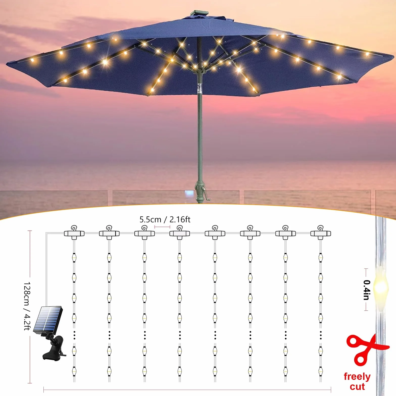 Catena Luminosa Per Ombrellone,Luci Per Ombrelloni Da Esterno Con Telecomando,Llluminazione Per Ombrellone,Catena Di Luci Per Ombrellone Per Uso Esterno,Patio,10 LED, 8 Modalità,Impermeabile IP67