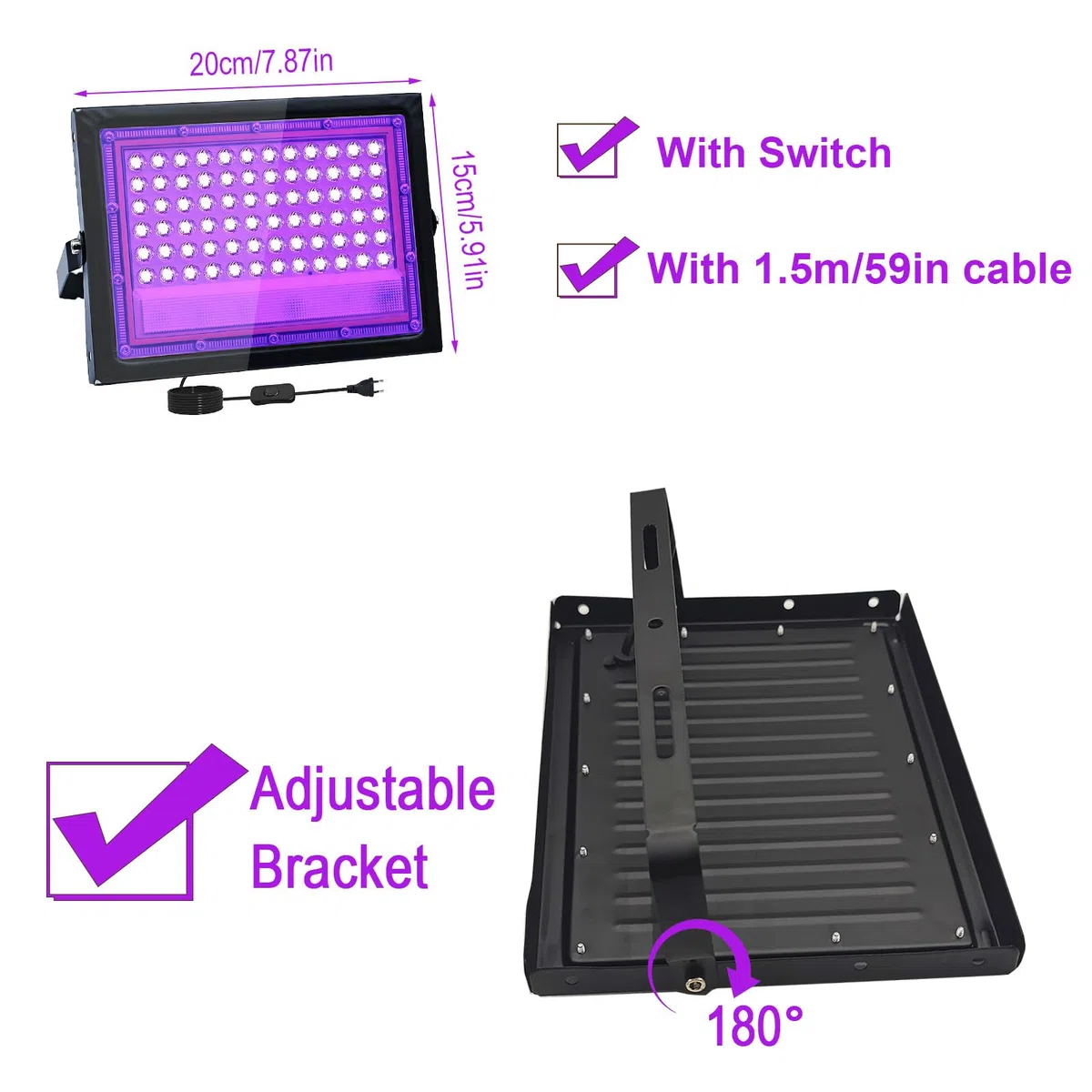 50W Faretto UV LED, 395-400nm LED Luce Nera, IP66 Impermeabile Luce Nera UV, Lampada uv Con Interruttore per Halloween, Pittura Del Corpo, Poster Fluorescente, Bar, Acquario, Festa Al Neon