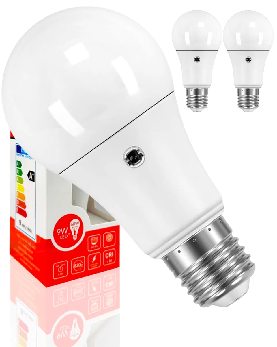 Bratek 2 Lampadine Crepuscolari a Doppio Sensore da Esterno E27 LED A60 9W 3000k - Lampade Crepuscolare da Esterno Luce Calda - 800 Lumen Equivalenti Lampadine 60W a Incandescenza o 45W Alogene