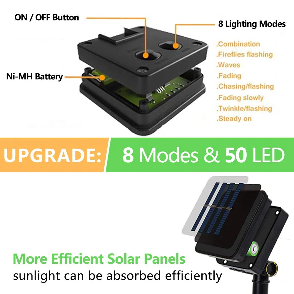 Solare Luci da giardino, 7M 50 LED Ape, 8 modalità Stringa di luce, IP65 impermeabile Illuminazione esterna, Illuminazione solare per Casa, patio, recinzione, festa, Natale, albero (Bianco caldo)