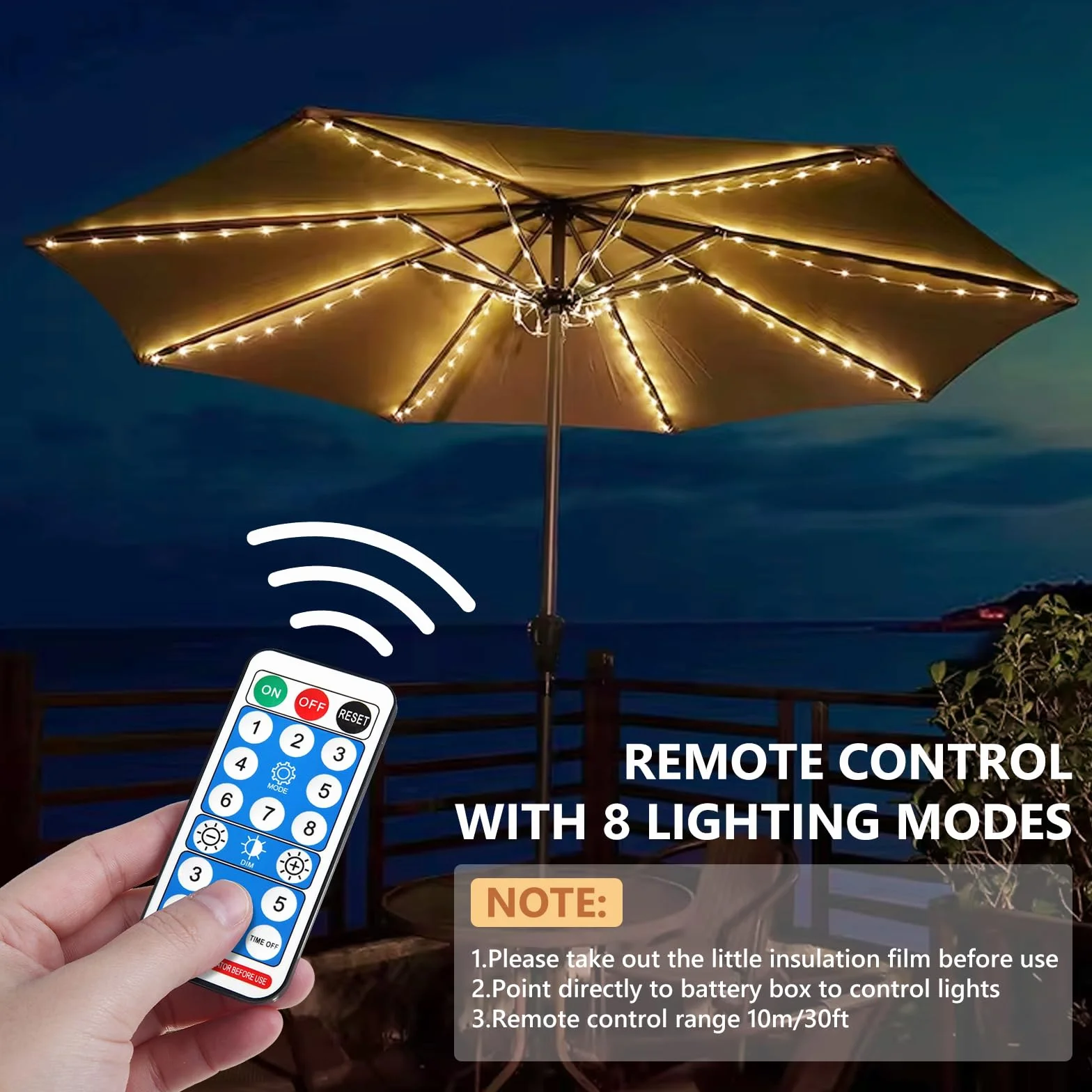 Asfrode Illuminazione solare per ombrellone, 104 LED, luci da giardino impermeabili, 8 modalità, funzionamento a batteria, catena luminosa con telecomando