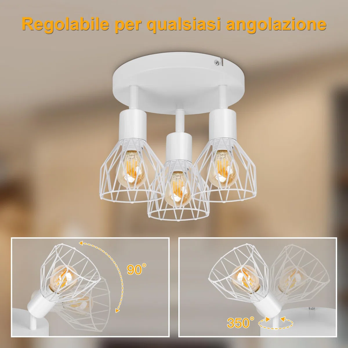 Faretto da Soffitto LED 3 Luci E14 - Lampada da Soffitto Soggiorno Rotonda Bianco - Plafoniera LED Faretto Cucina Moderno Orientabile Camera da Letto - Senza Lampadina