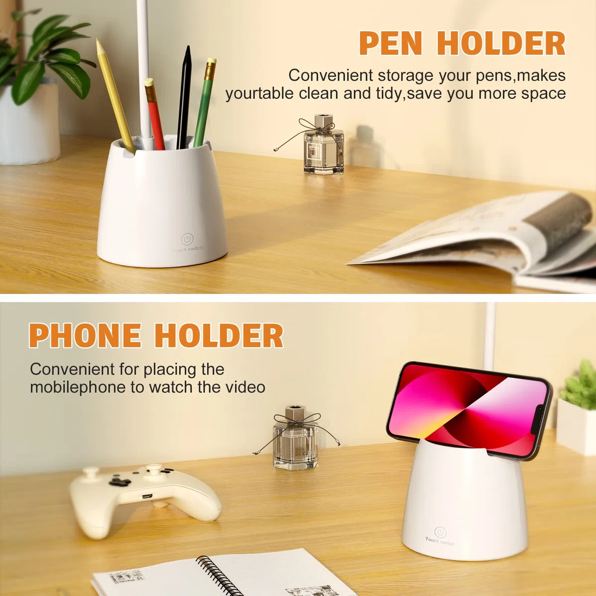 Lampada da Scrivania LED, Lampada da Tavolo con Occhi-Cura, Lampada da Lettura Dimmerabile con 3 Modalità di Illuminazione, Lampada Scrivania Ricaricabile Girevole con Portapenne