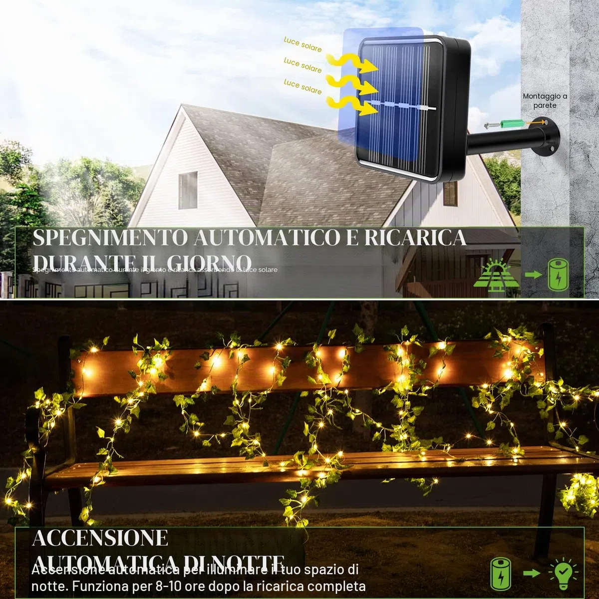 A.bigwhale Catena luminosa per esterni, a energia solare, con 120 luci a LED, per esterni, 12 m, resistente alle intemperie, 8 modalità per giardino, balcone, terrazza, camera