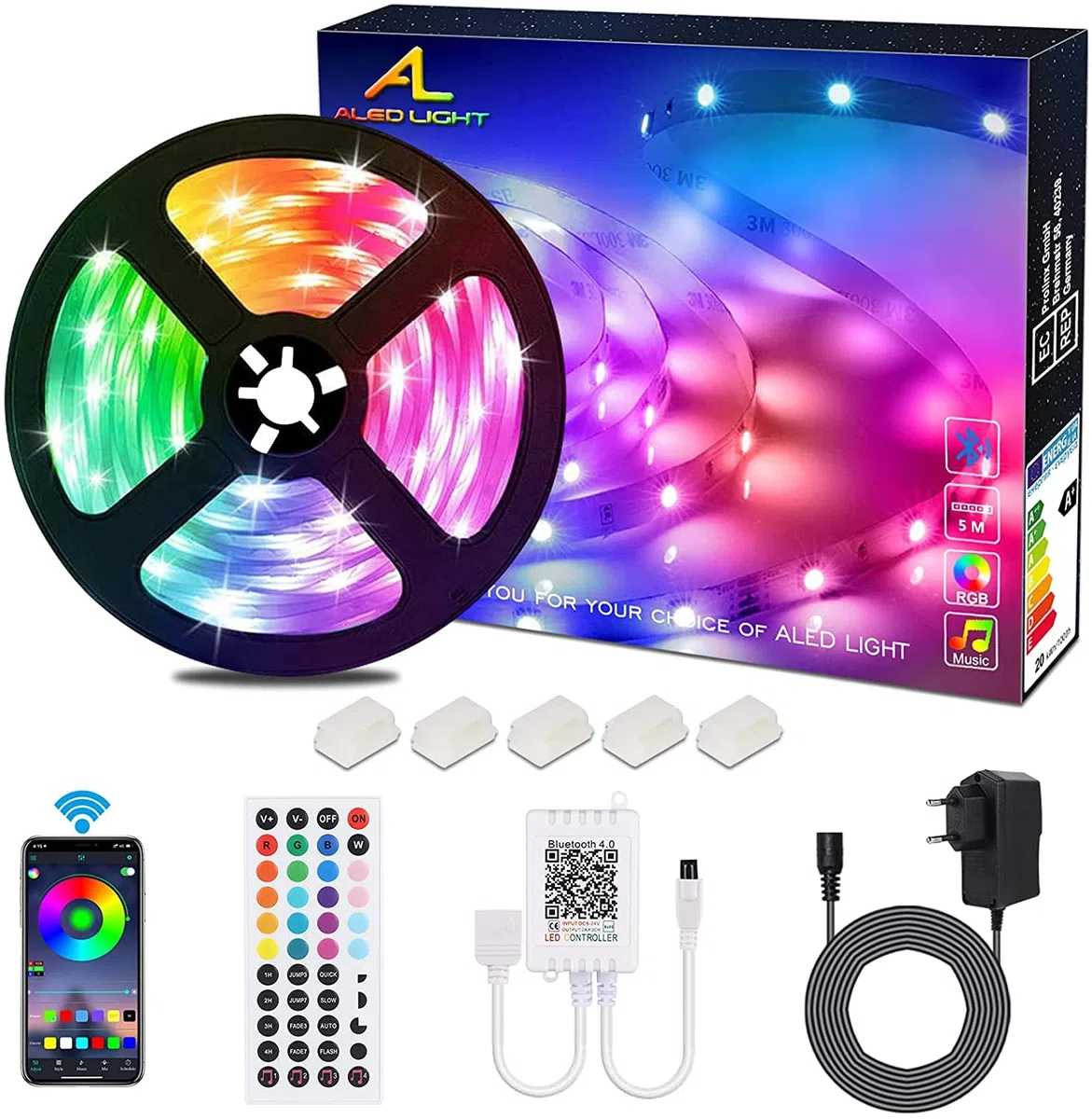 Striscia LED 5M Bluetooth, ALED LIGHT Strisce Luci Led RGB 5050 SMD con DC 12V Alimentatore e 44 Tasti Telecomando e Ricevitore, Nastro LED Decorazione per Natale Feste Casa Matrimonio