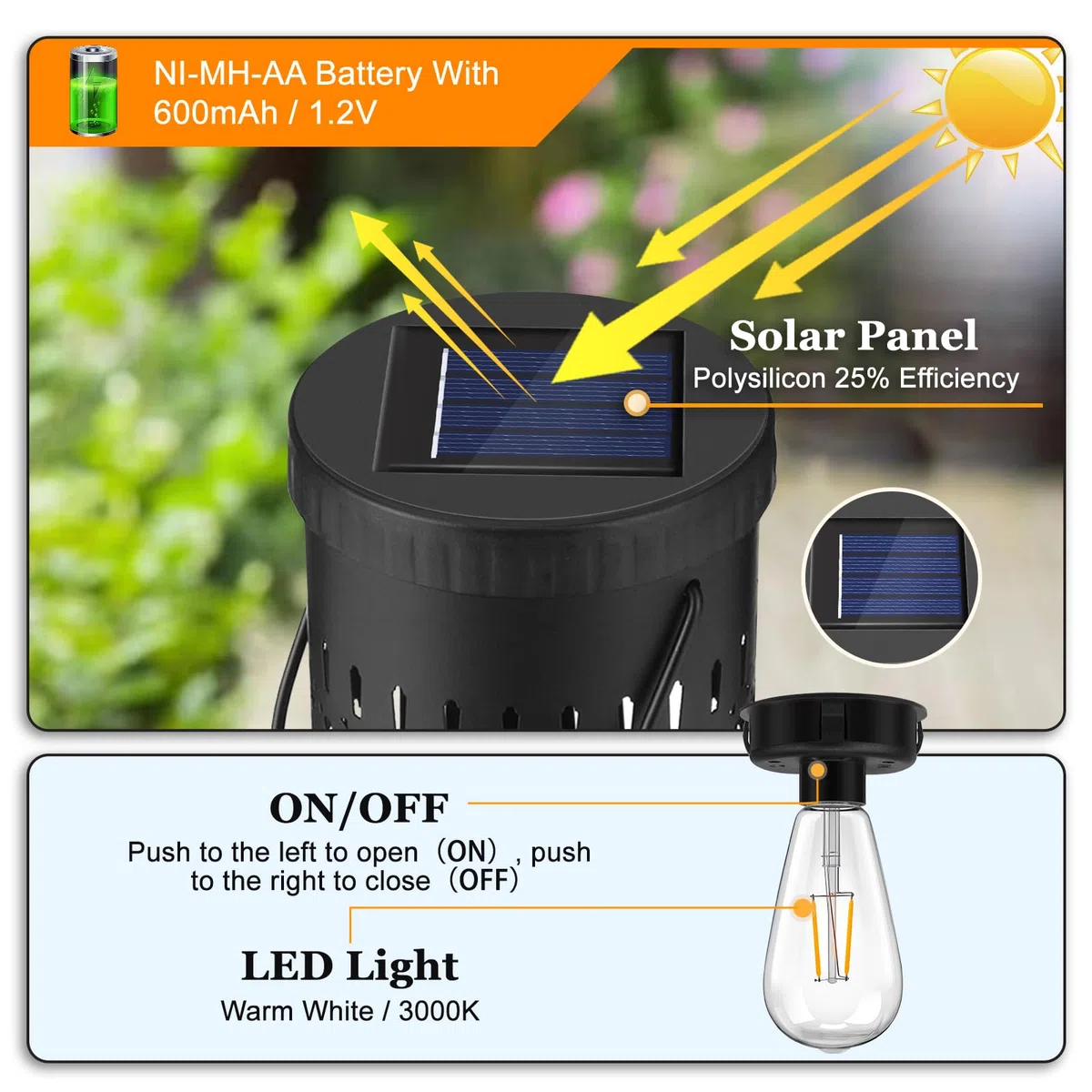 Sostituzione della Luce Solare Top 8 cm, Lampadine Trasparenti per Esterni a Outdoor, Lampadina Impermeabile per Giardino Esterno, da 1.2 V 600 mAh, Adatto per Lampadari all'aperto con Ganci, 2 Pezzi