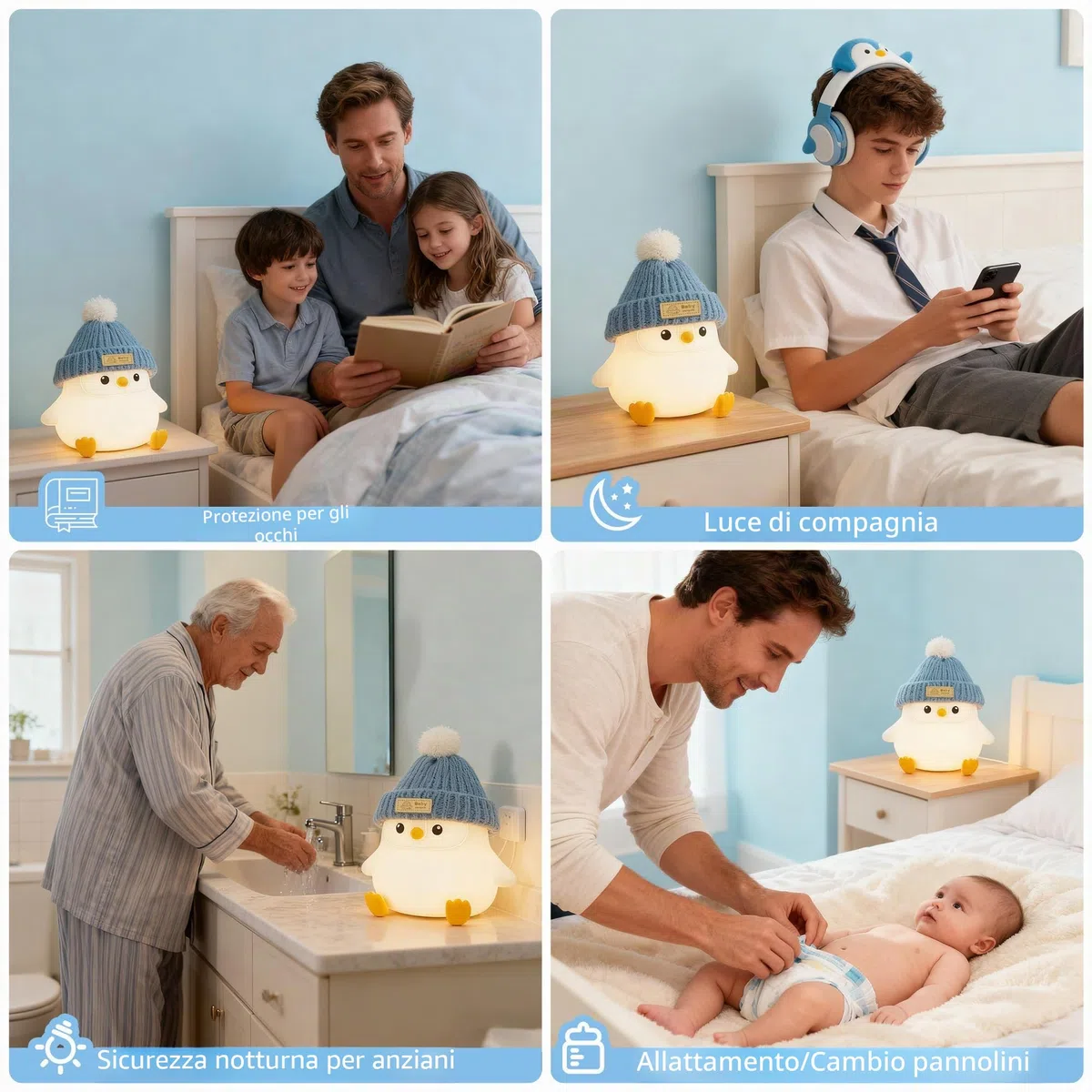 FAMIDUO Lampade Bambini Cameretta Pinguino con Cappello Lavorato a Maglia, Lampada Pinguino Morbida Kawaii, Silicone per Uso Alimentare,Luce Notturna Dimmerabile,LED Ricaricabile Luce Notturna Bambini