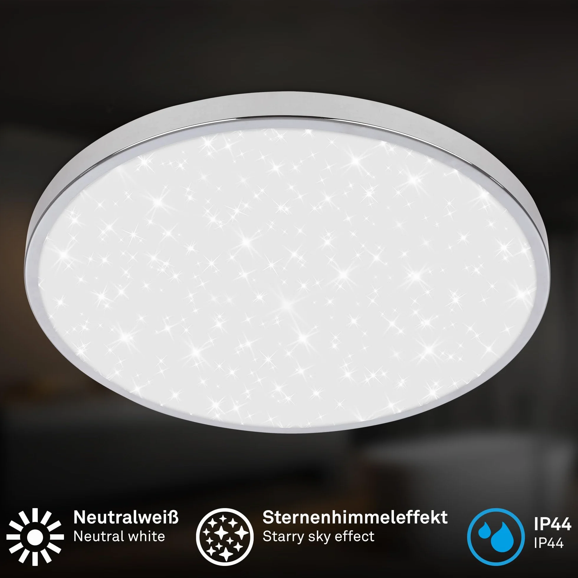 BRILONER - Plafoniera bagno LED a luce indiretta, IP44 resistente agli spruzzi d'acqua, colore neutro della luce bianca, plafoniera led soffitto bagno, plafoniera cucina, 33 x 6 cm, cromato