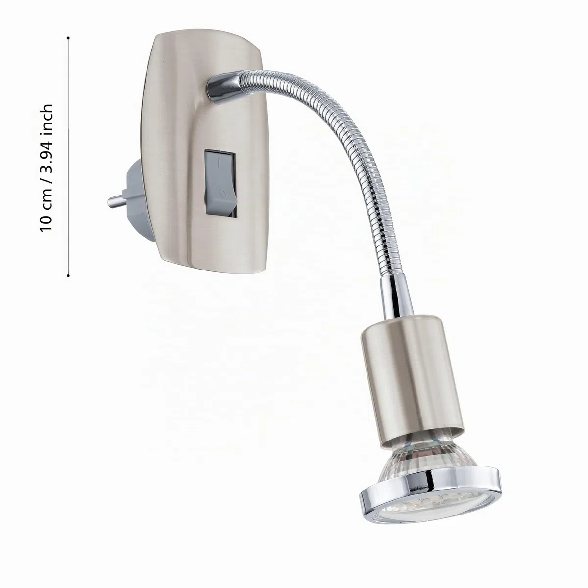 Eglo Faretto Mini 4, Lampada da Presa a Uno Punto Luce in Acciaio, Nichel Opaco, Cromo, Presa GU10, Interruttore e Braccio Flessibile Inclusi