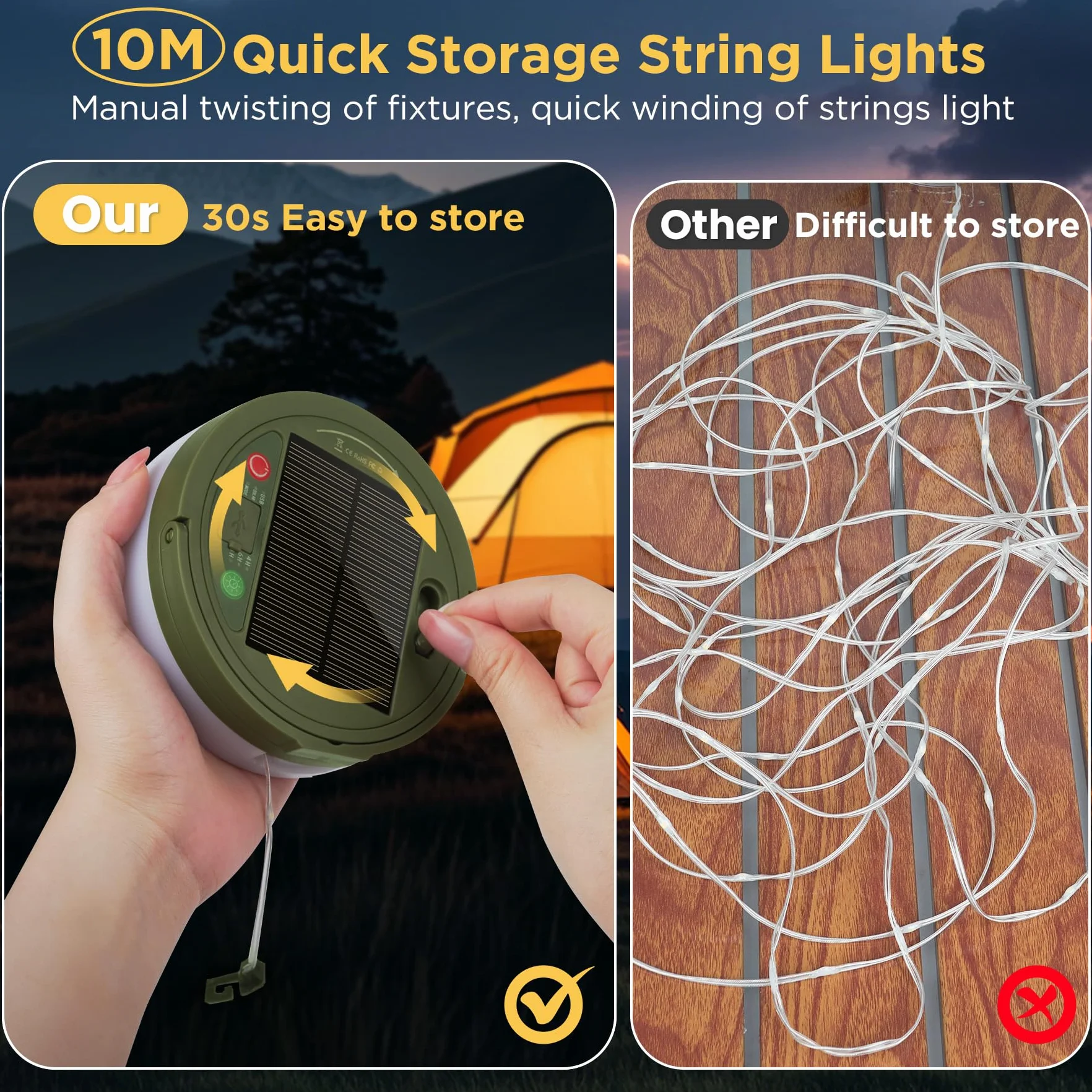 10M Catena luminosa da campeggio arrotolabile, portatile 3 in 1, con 8 modalità di illuminazione, Solari & USB ricaricabile, impermeabile luce da campeggio per campeggio, escursionismo