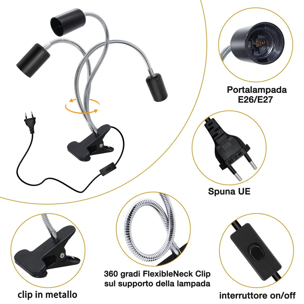 Portalampada E27 con Pinza Regolabile Lampada a Collo di Cigno Clip Portalampada E27 Clip con 220cm Cavo Lungo e EU Plug Lampada da Piante Con Interruttore per Lampada da Tavolo a LED
