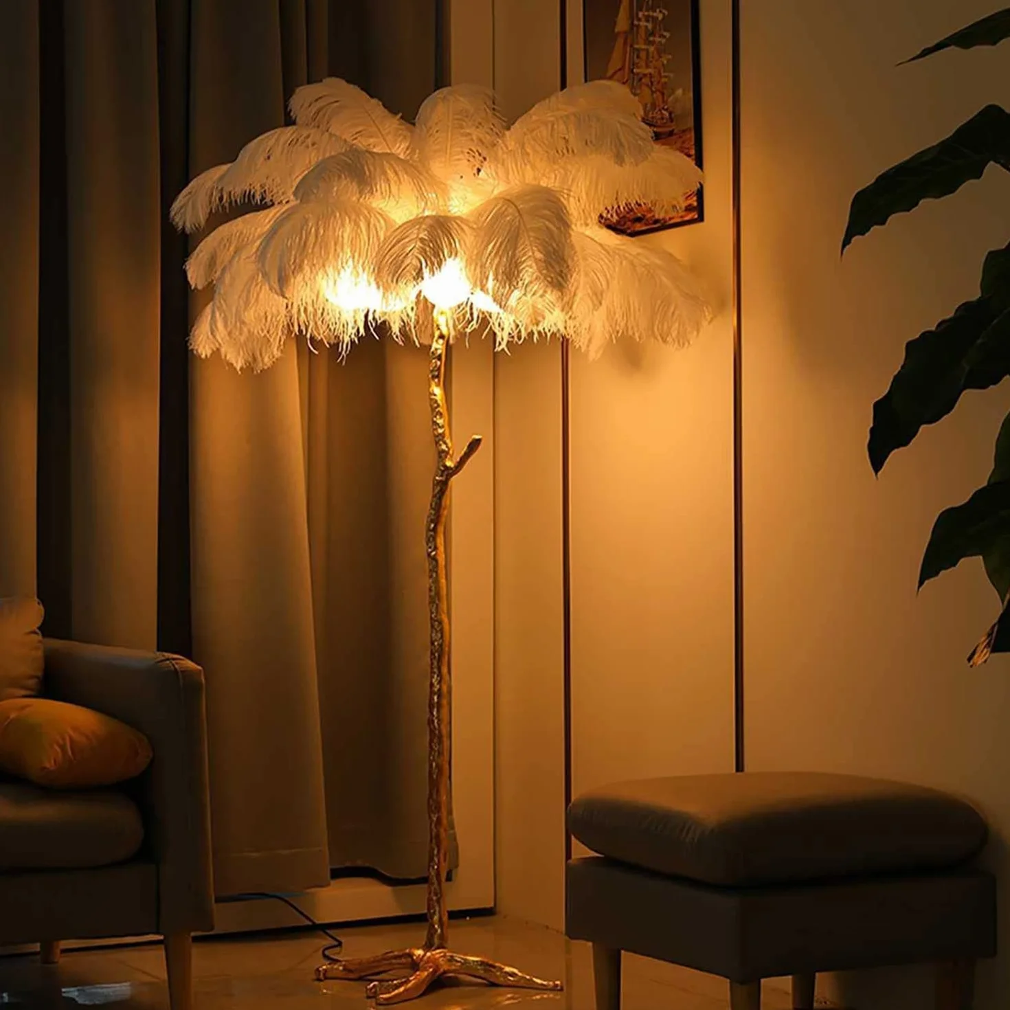 CCXXYGWJ Lampada da a LED in Resina dimmerabile con Piume di Struzzo Naturale e – Ele Illuminazione per Camera da Letto, Ufficio, casa e Decorazioni Glamour