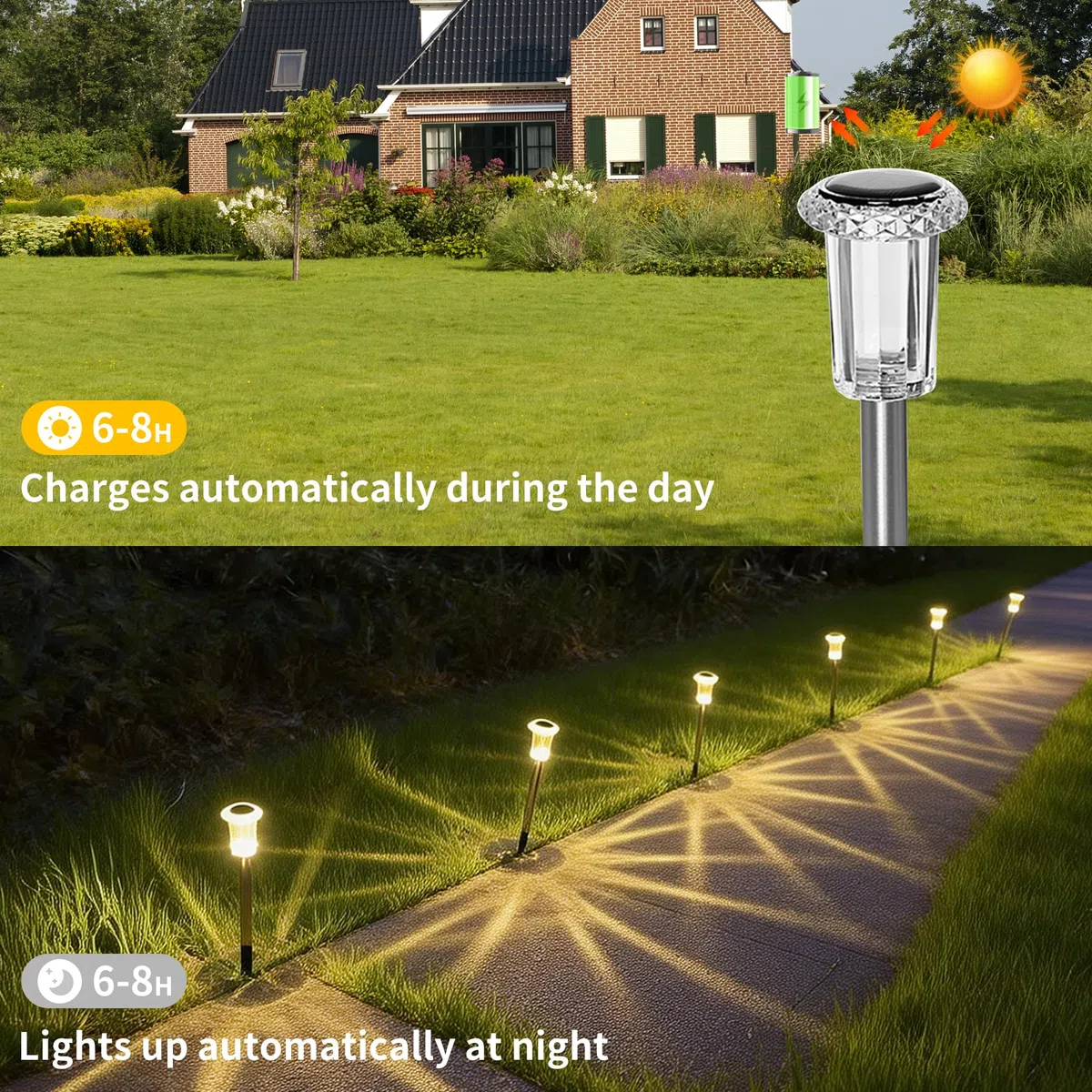 Luci Solari da Giardino a LED–Lampade Solari da Esterno (Set da 6)–Illuminazione Solare da Giardino Bianco Caldo–Decorazione Solare da Giardino Impermeabile IP44 per Prati, Ambienti Esterni e Giardini