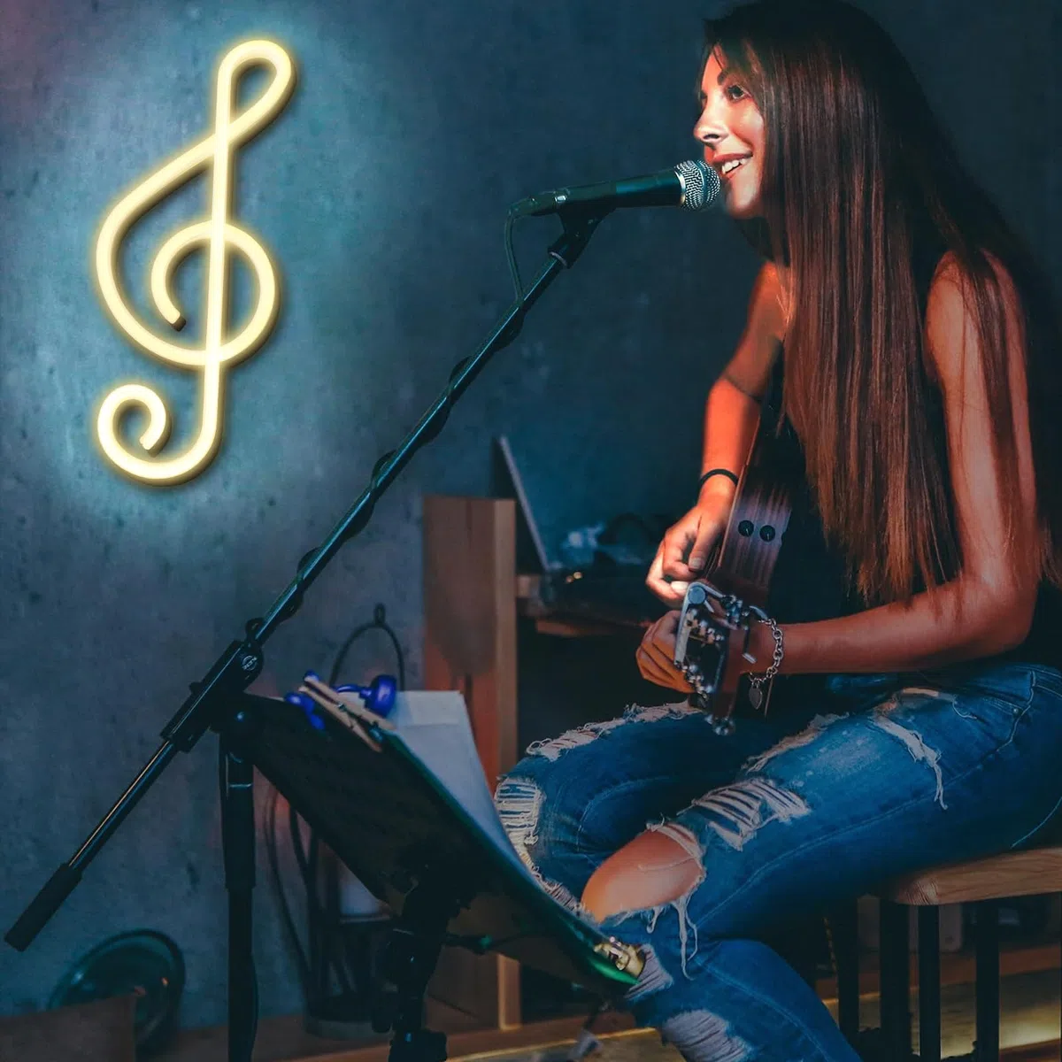 ENUOLI Lampada al neon a LED a forma di nota musicale a batterie/USB, lampada da parete al neon per la cameretta dei bambini, decorazione per bar, feste, Natale, matrimonio (bianco caldo)