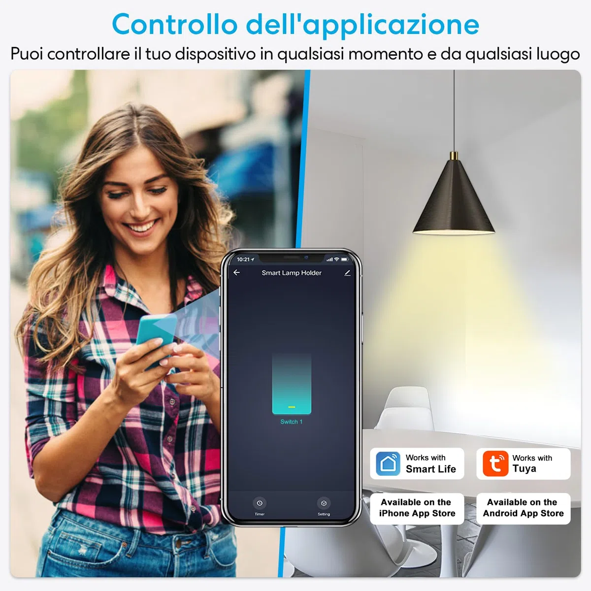 LoraTap Smart WiFi Portalampada E27, Adattatore per LED Lampadina Wireless Timer Funziona con Echo Alexa, Controllo Remoto Smartphone Tramite App Smart Life, Bianco