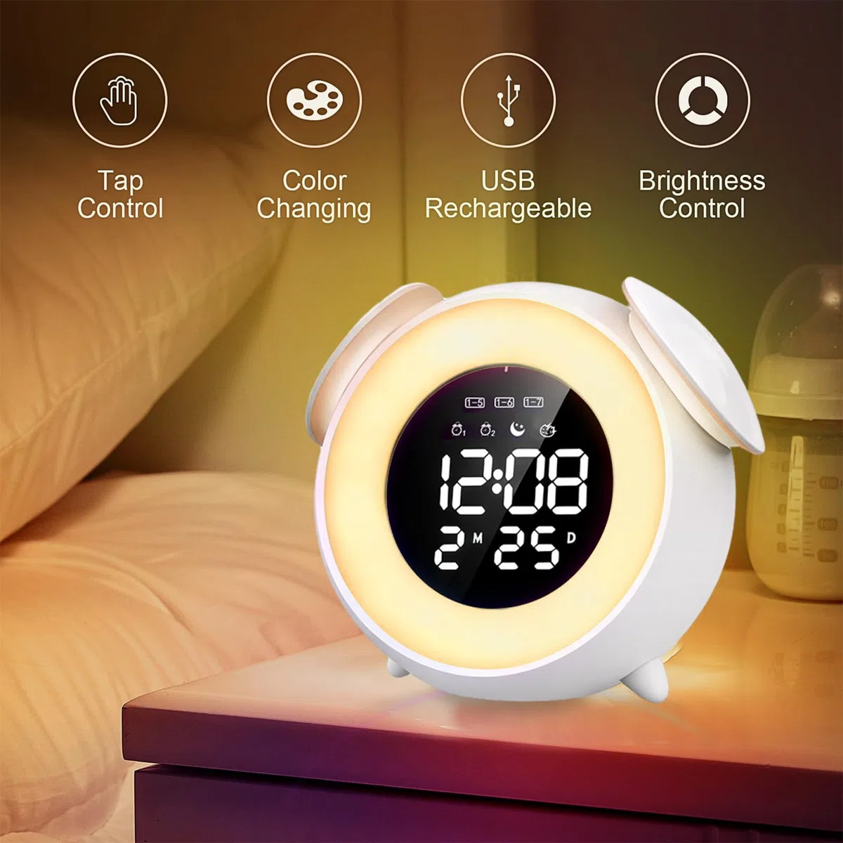 PORFOYO Sveglia luminosa per bambini, sveglia con 7 melodie musicali, simulatore di alba, allenamento digitale, 4 livelli di luminosità