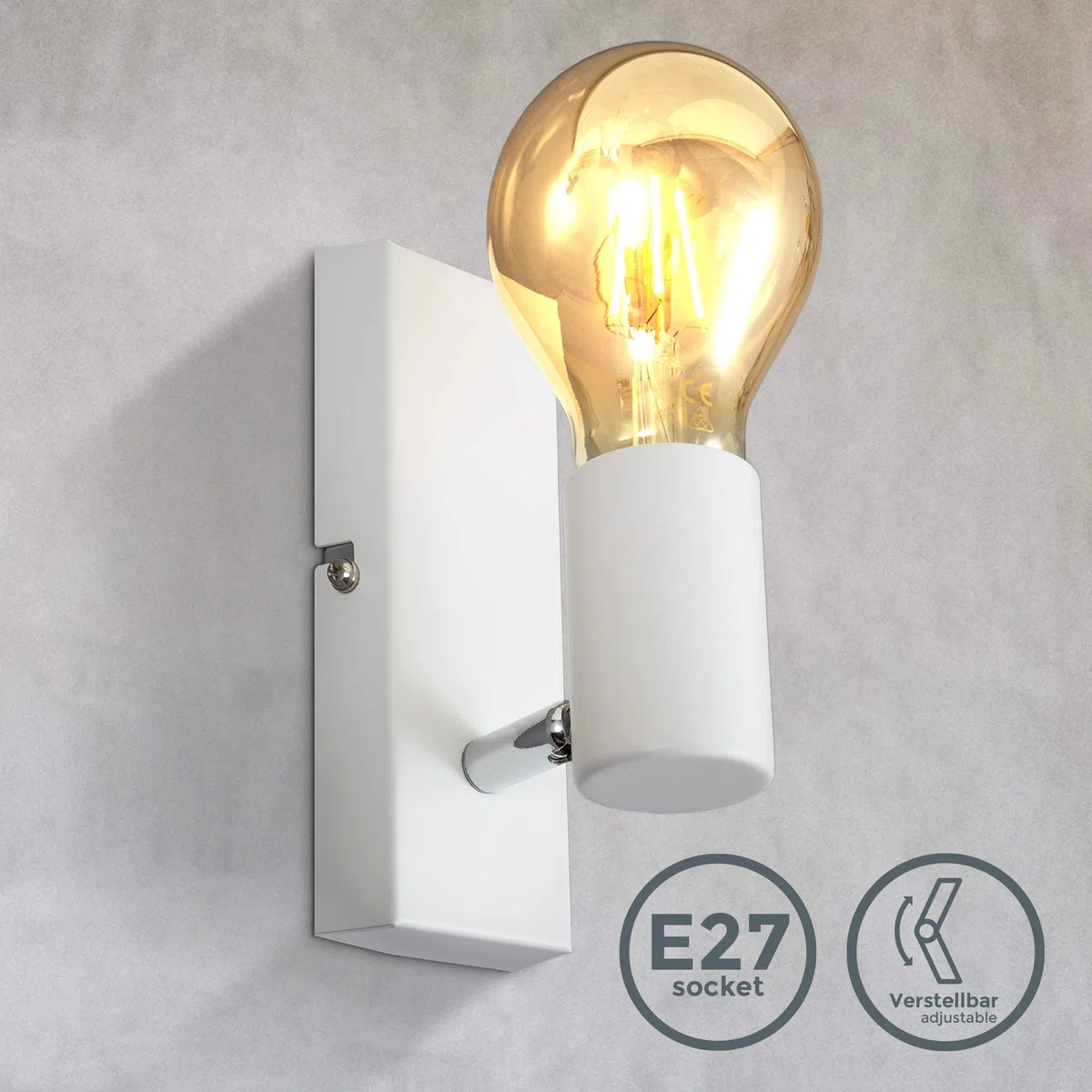 B.K.Licht Lampada da parete orientabile in metallo bianco, adatta per 1 lampadina E27 non inclusa max. 60W, applique da muro per salotto o sala, faretto stile industriale per entrata o scale IP20