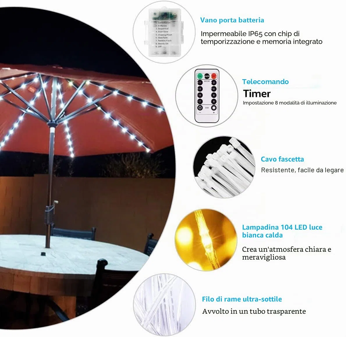 Illuminazione per ombrellone, catena di luci a LED per ombrellone da giardino, protezione IP68, strisce luminose LED (8 fili x 1,3 m, 3000 k)