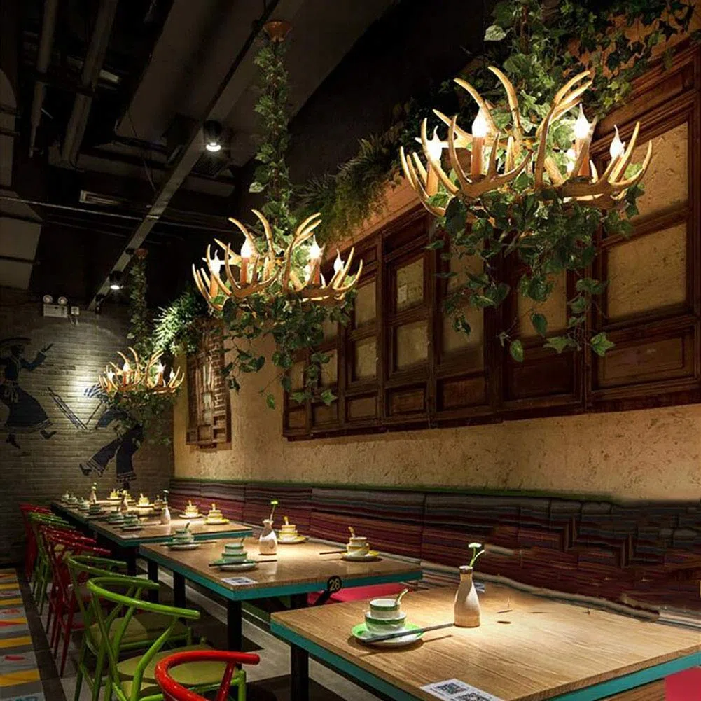 Creatività Personalità Stile Industriale Retro Durante L'Illuminazione,Sala Da Pranzo Decorazione Music Bar Soggiorno Camera,E14 Pianta Antler Resina Lampadario Illuminazione-Pianta verde 6 testa