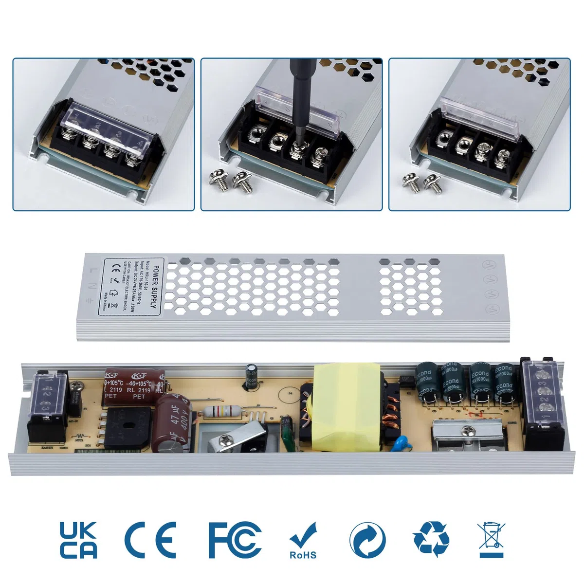 Trasformatore LED 24V 150W 6.25A, Alimentatore Switching Stabilizzato IP20 Slim, Driver AC110/220V a DC 24V per Strisce e Lampadine