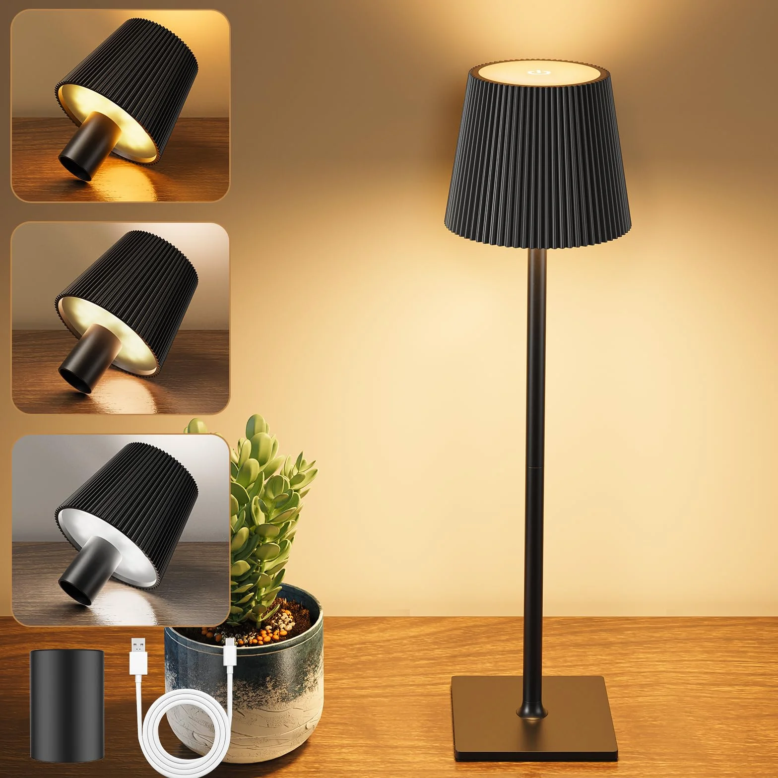 Lampada LED da Tavolo Senza Fili Lampade da Tavolo Batteria Ricaricabile con USB-C e Tappo per Bottiglia, Lampada Tavolo Dimmerabili per Salotto, Ufficio, Camera da Letto, Nero Pece