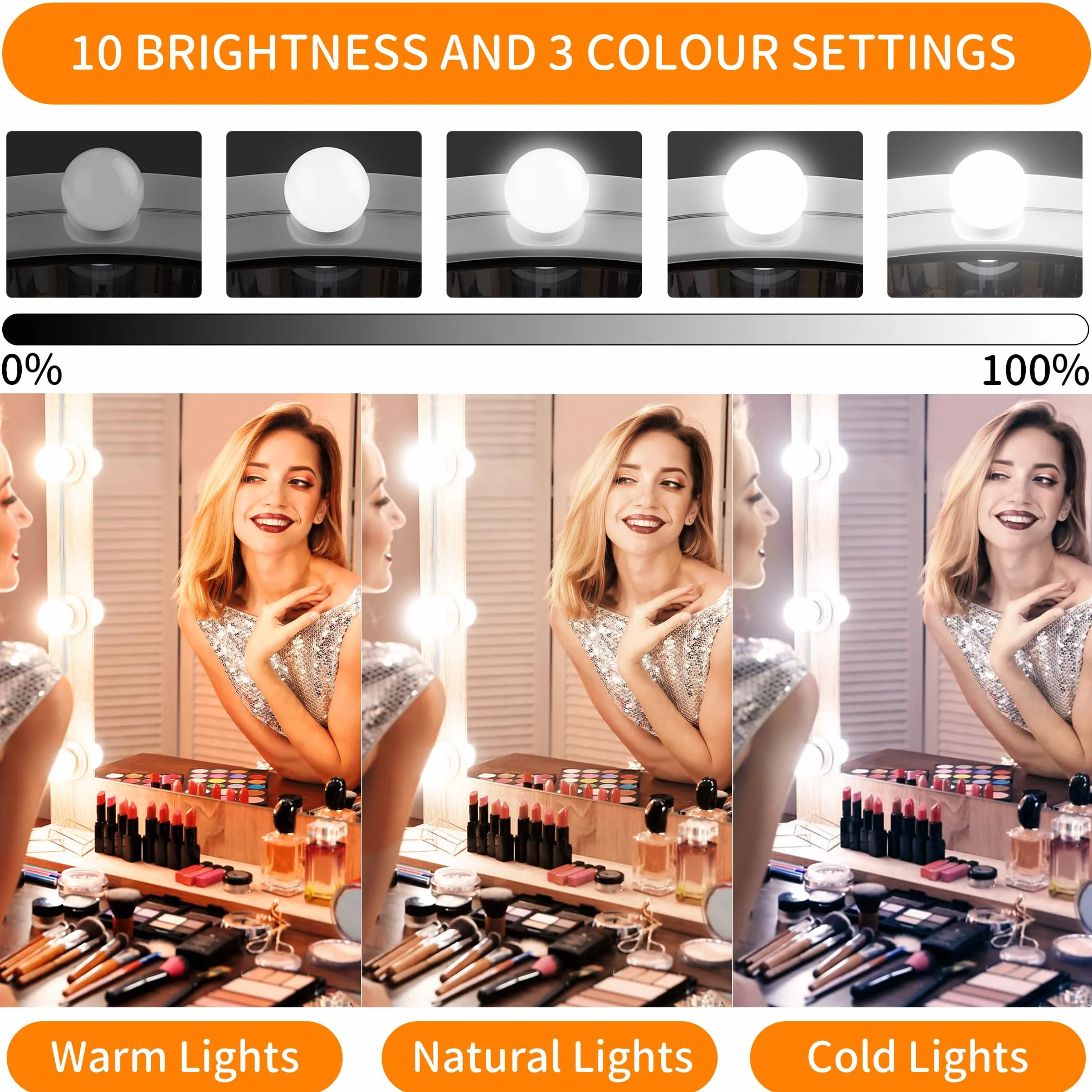 daphomeu USB Luci per Specchio da Trucco, 14 Lampadine Dimmerabili, Luci da Specchio Hollywood con 3 Modalità Colore, Make Up Luci a LED per Trucco Cosmetico Bagno