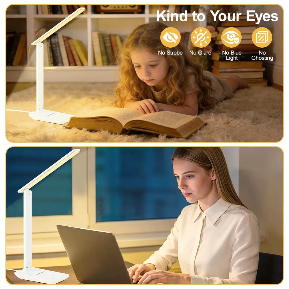 Lampada da scrivania, Lampada da Tavolo, Lampadas da lettura con porta USB, 5 Colori e 5 Livelli di Luminosità,Timer e Tocca Controllo,Lampadas da comodino pieghevole per lettura,lavoro,Ufficio