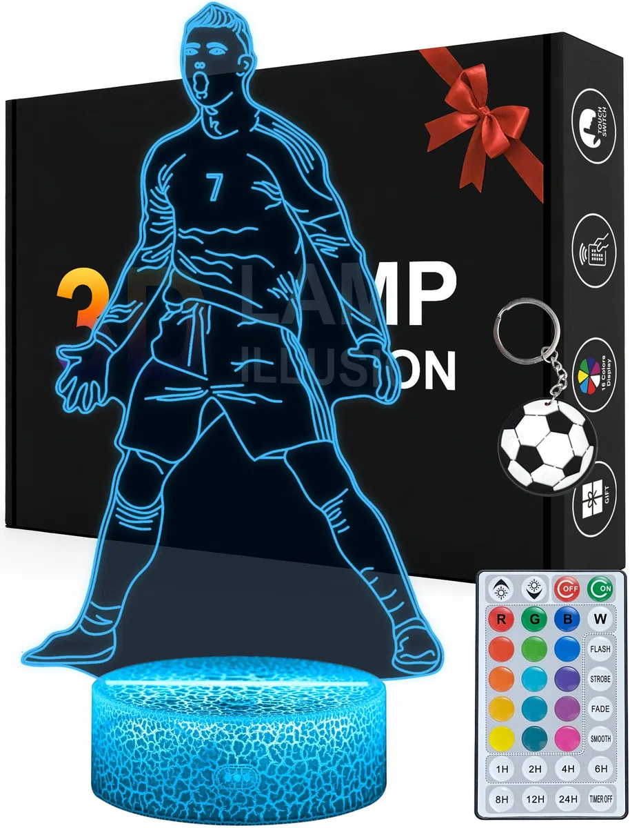 3D Illsuion Luce Notturna Calciatore n.7, Lampada da Calcio 16 Colori che Cambia Dimmerabile con Telecomando, Calcio de Regalo per Bambini Adolescenti Uomo