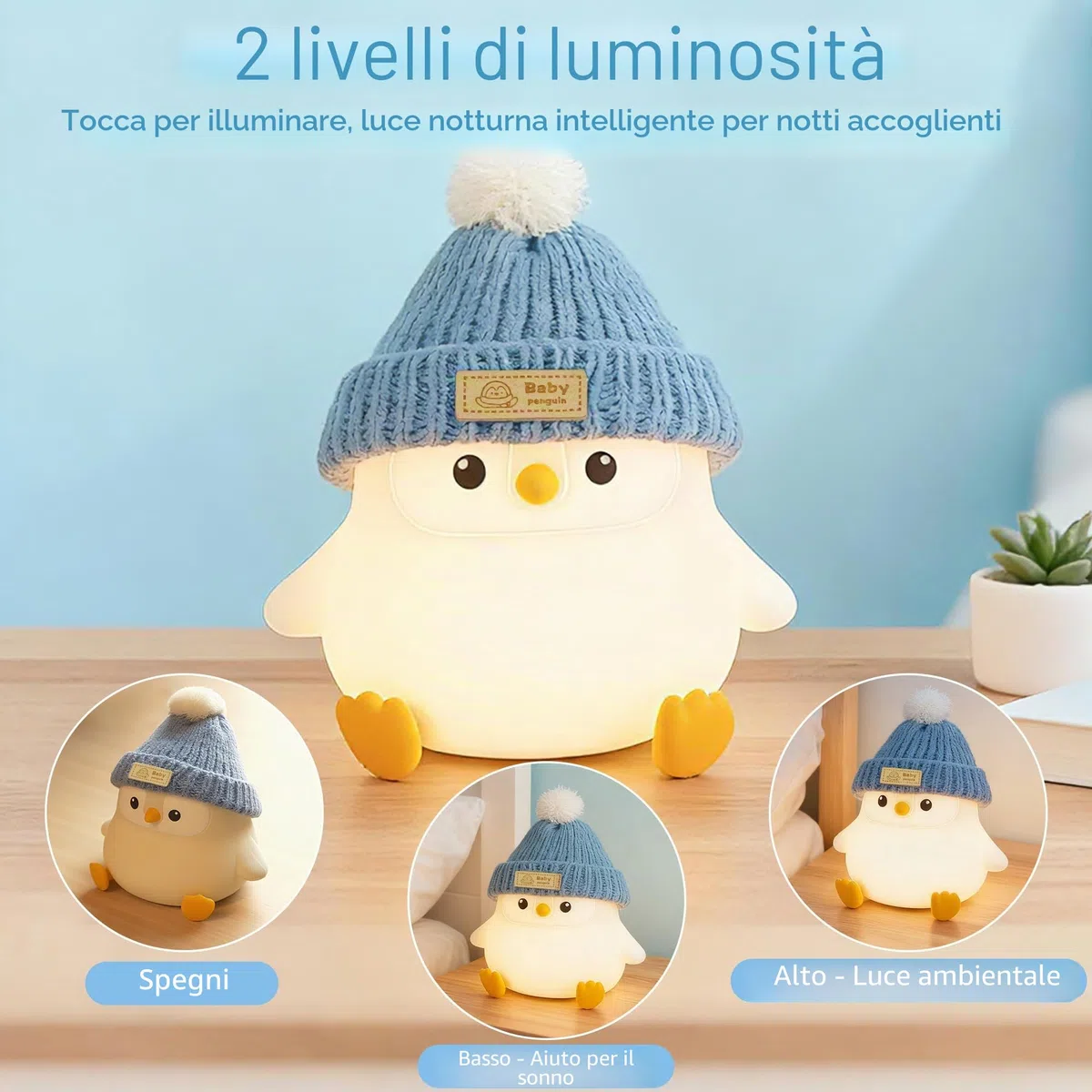 FAMIDUO Lampade Bambini Cameretta Pinguino con Cappello Lavorato a Maglia, Lampada Pinguino Morbida Kawaii, Silicone per Uso Alimentare,Luce Notturna Dimmerabile,LED Ricaricabile Luce Notturna Bambini