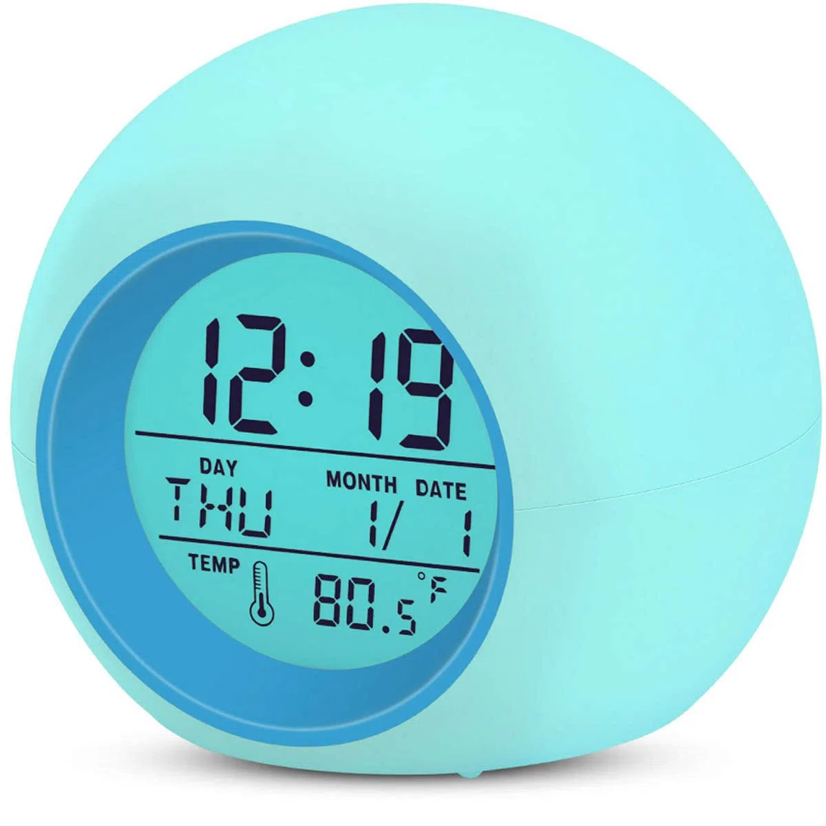 Kids Alarm Clock, sveglia per bambini, 7 colori che cambiano la luce per ragazzi e ragazze, funzione snooze, 8 suonerie, 12/24 ore, controllo one-tap, visualizzazione della temperatura interna