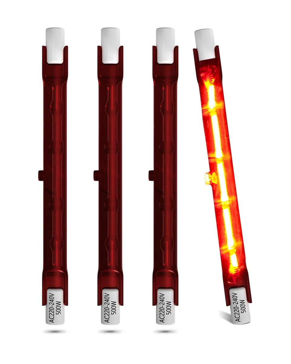 DoRight 4X Lampadina Riscaldatore Rubino 500W R7S, Lampadine Riscaldanti al Quarzo a Infrarossi 118MM 240V R7 Lampada Riscaldatore Alogeno Dimmerabile per Riscaldatore Giardino Interno/Esterno
