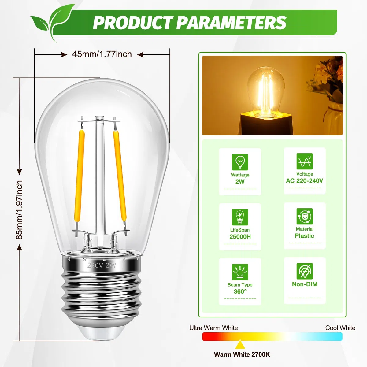 15 Pezzi Lampadine di Ricambio S14 E27 LED 2W, Equivalente Incandescenza 20W, Bianca Calda 2700K, 160LM, Impermeabili IP44, Non Dimmerabile, per Stringa Luminose Illuminazione Interna ed Esterna