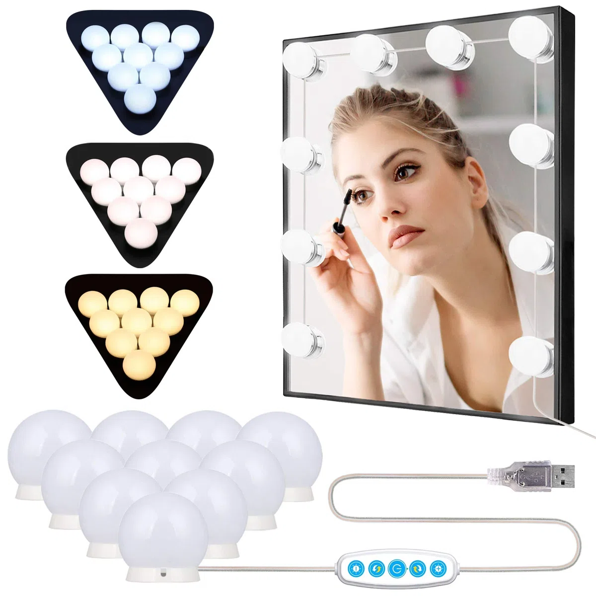 Luci da Specchio da Tavolo per Trucco, LED Stile Hollywood con 10 Lampadine Dimmerabili,5 Livelli di Luminosità e 3 Modalità Colore, con Porta USB,3200K-6500K