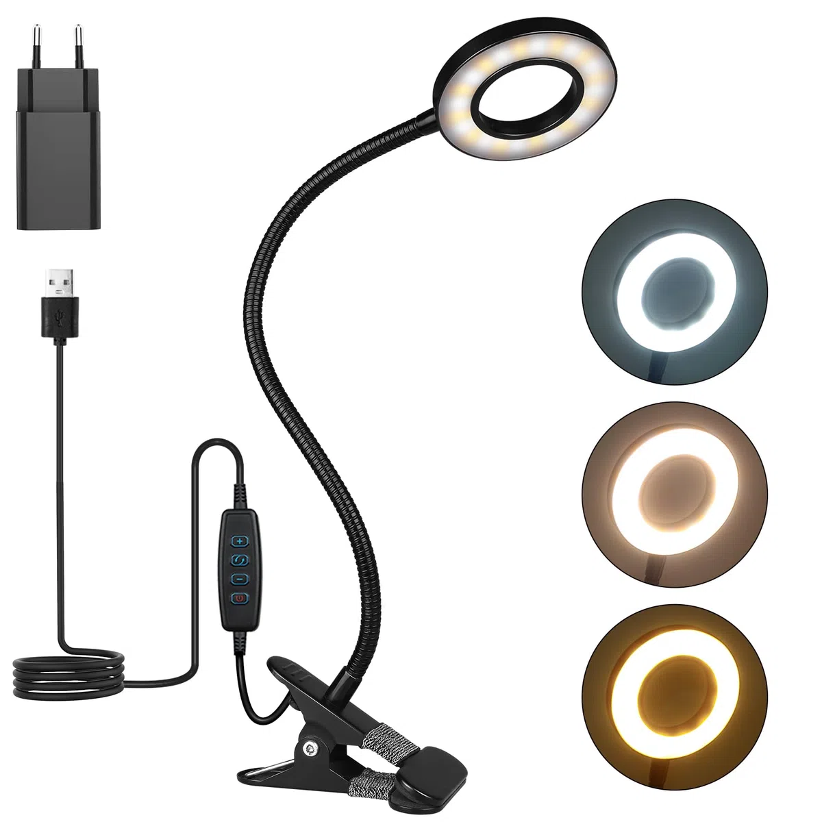 TBTeek Lampada da Lettura, 48 LED Lampada a Pinza, Lampada da Scrivania per la Cura degli Occhi, 3 Modalità e 10 Livelli di Dimmerazione, Lampada a Morsetto per Uso Ufficio Casa, Adattatore CE Incluso